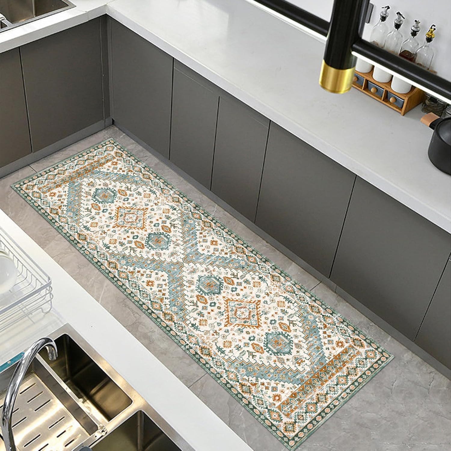 CHOSHOME Alfombra de área  Alfombra vintage de pelo bajo de 2 x 6 pies, lavable a máquina, con parte trasera antideslizante, no desprende pelusa,