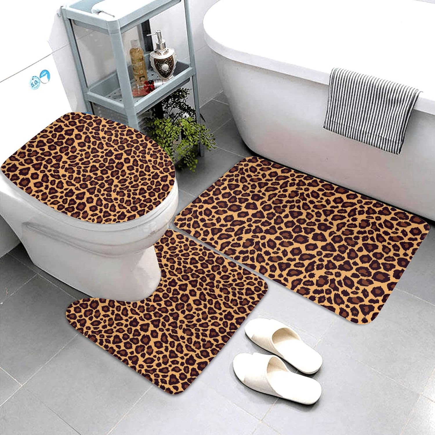Juego de baño de 3 piezas con estampado de guepardo, alfombra de inodoro en forma de U, alfombra de contorno de leopardo, guepardo fresco