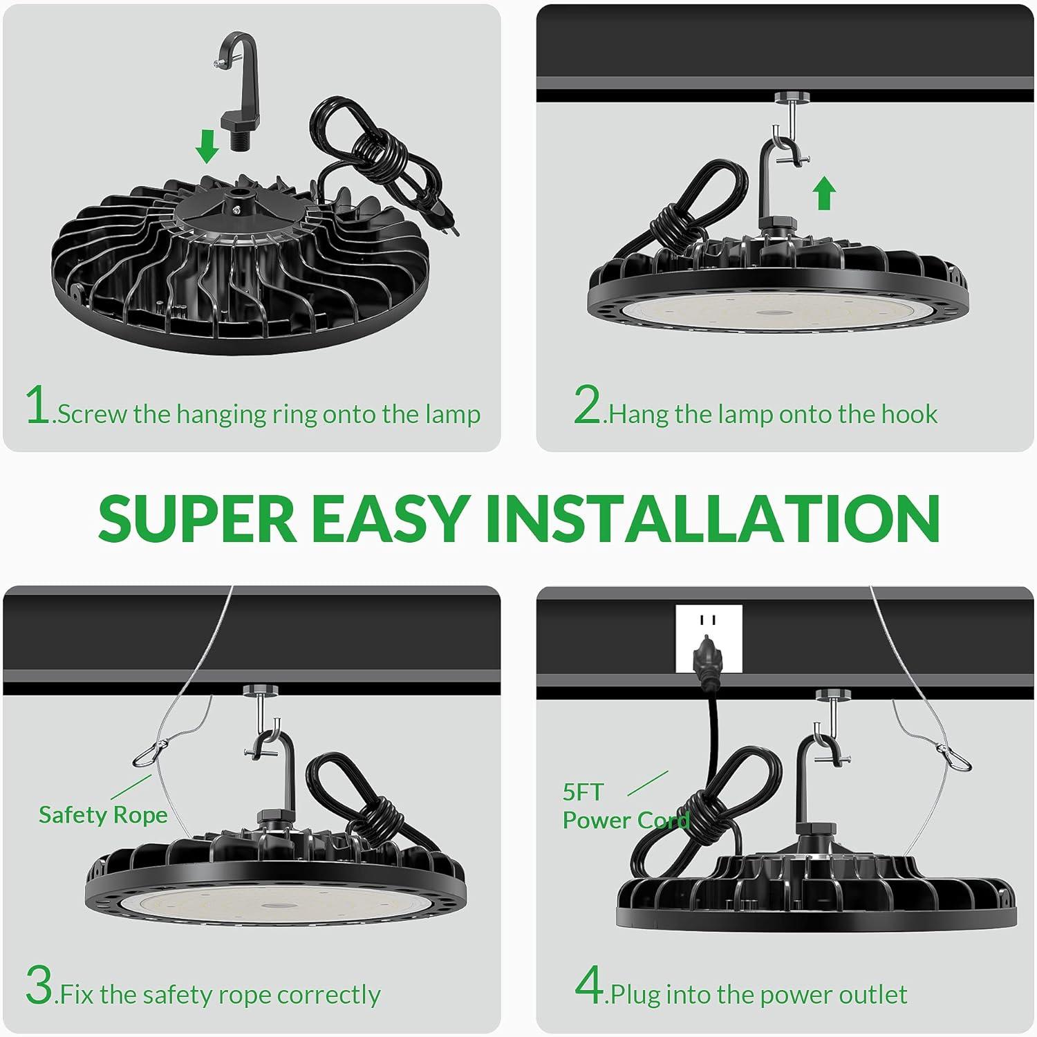 Flakeeper Luz LED de alta bahía de 150 W, 2 unidades, 22500 lm con enchufe de EE. UU., cable de 5 pies (150 LMW), luz diurna de 5000 K, impermeable,