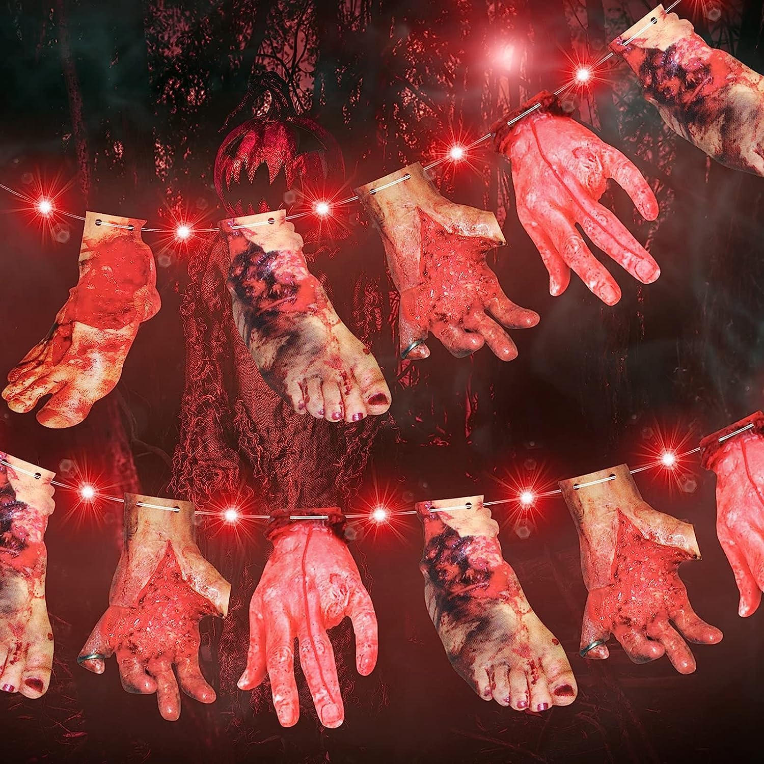 Luces LED rojas de Halloween con manos y pies sangrientos, decoración de tarjetas de cartel colgantes de 9.8 pies, 30 luces LED rojas, 2 modos de