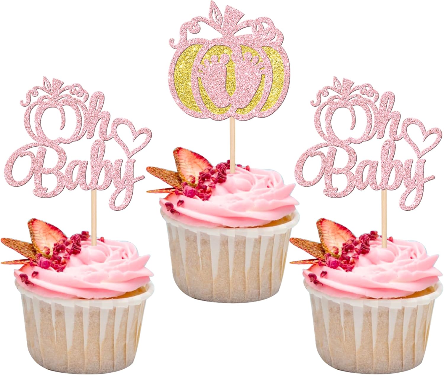 24 piezas de calabaza Oh Baby Cupcake Toppers Glitter Heart Baby Feet Calabaza Cupcake Picks para temática de otoño, baby shower, niños, cumpleaños,