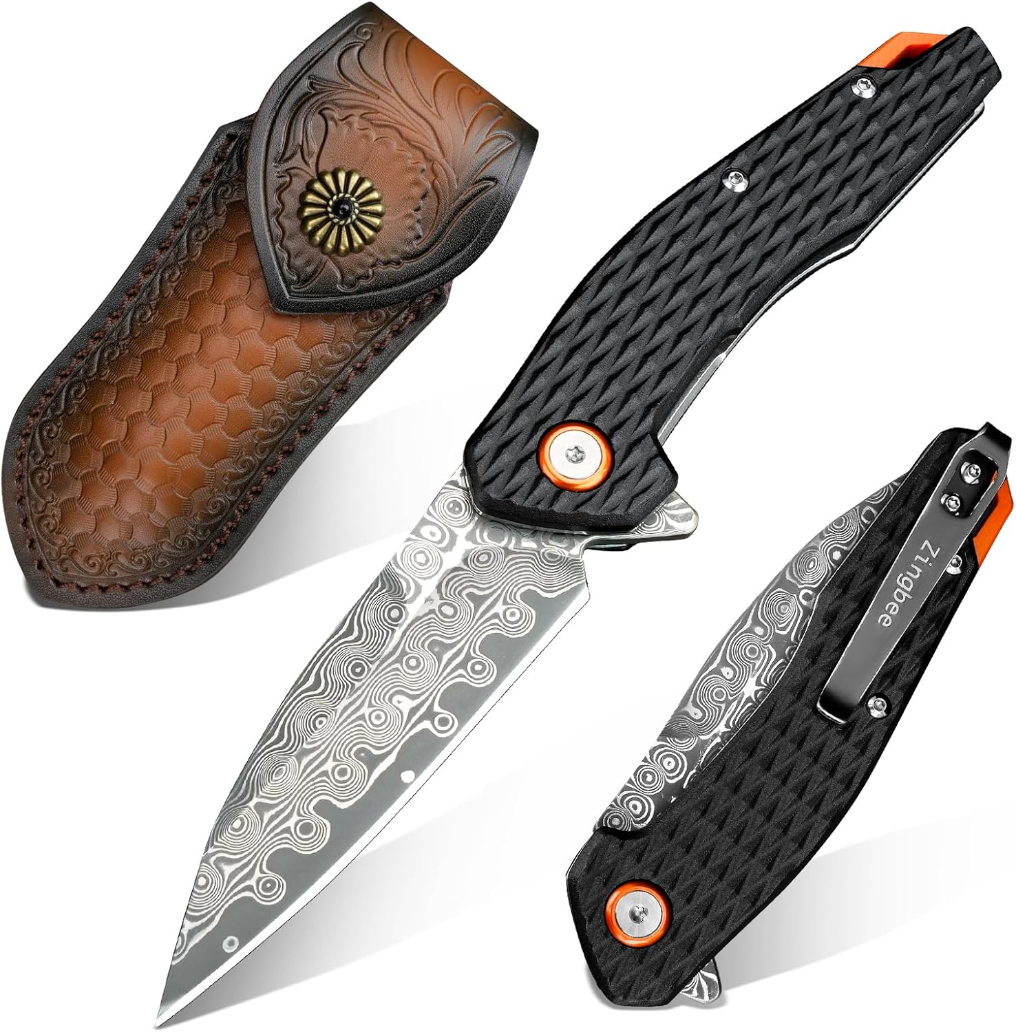 Zingbee Cuchillo de bolsillo de damasco, asas de aluminio negro, 3.03 pulgadas, cuchillos plegables de hoja de damasco para caza, pesca, camping,