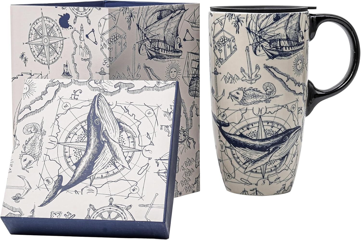 Voltogar Taza de café de viaje de cerámica con tapa, regalo para el hogar y la oficina, taza de té alta de porcelana de 17 onzas con mango de arte