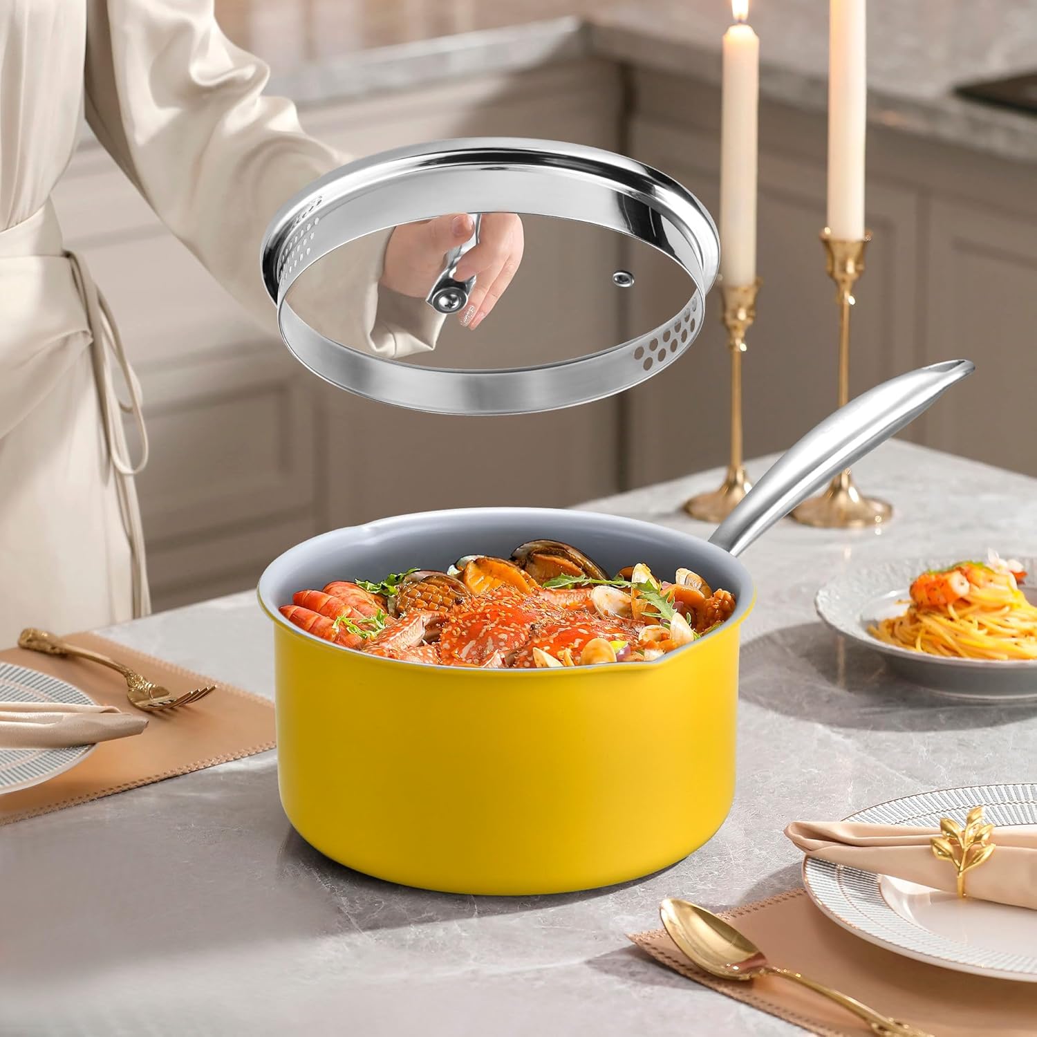 Sartén antiadherente de 2 cuartos de galón con tapa, cacerola de cerámica, olla pequeña no tóxica, sin PTFE ni PFOA, apta para horno y compatible