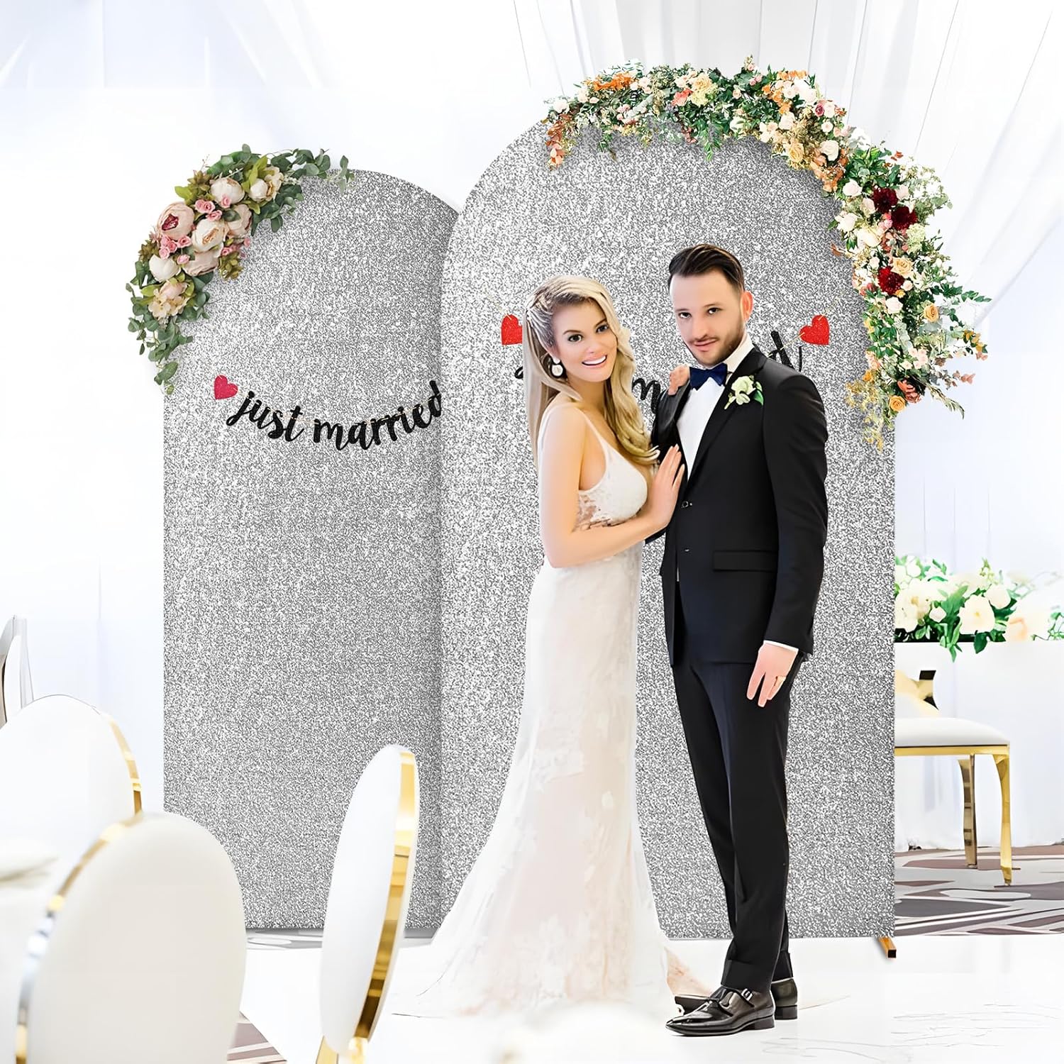 Cubierta de arco de boda con lentejuelas y dacrón de 2 caras, 6.6 pies, cubierta de arco de boda con parte superior redonda, cubierta de telón de