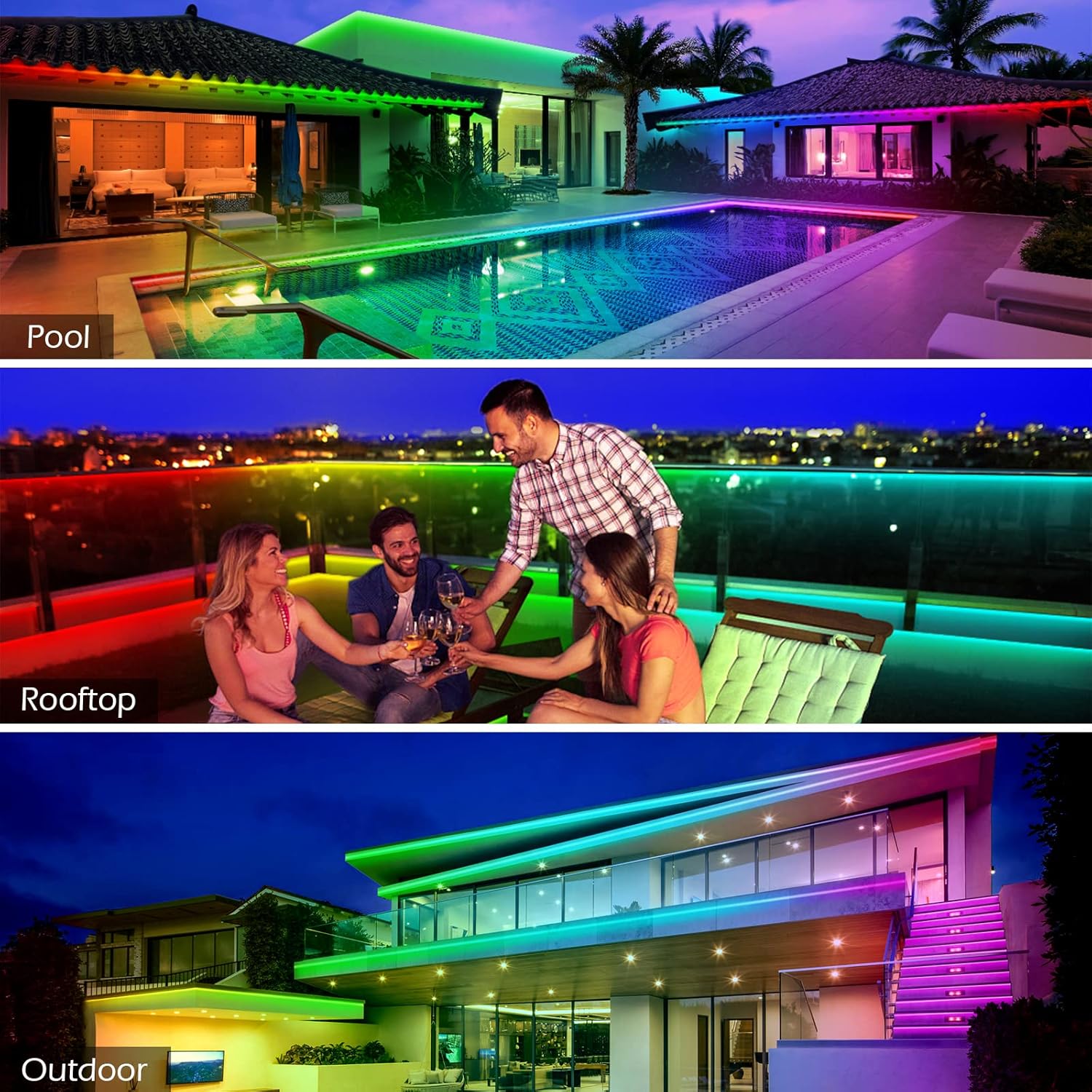 Tira de luces LED para exteriores de 300 pies impermeable con parte trasera adhesiva, tiras de luz LED exteriores IP65 impermeables con control