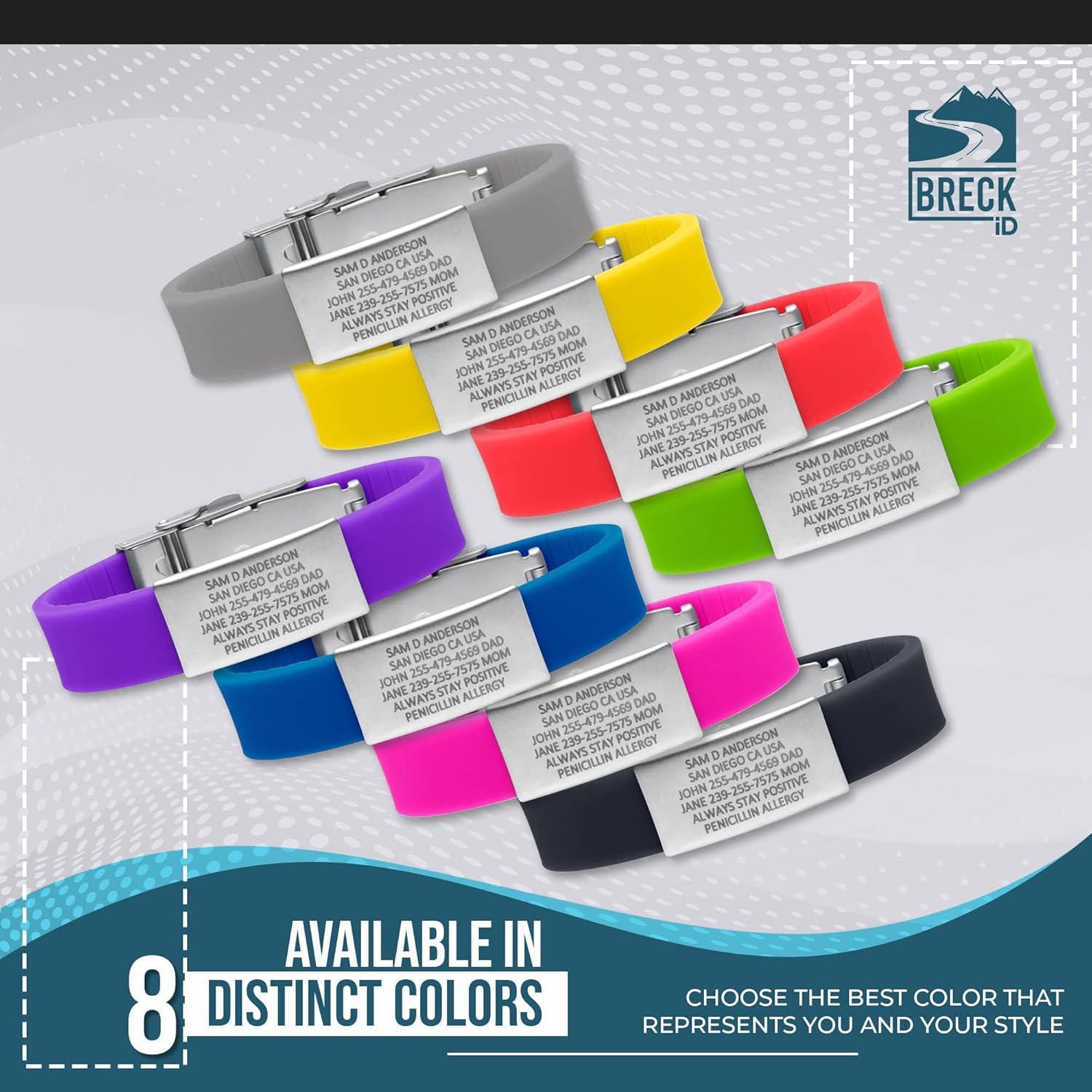 BRECK iD – Pulsera de alerta médica PRO THIN ID – Pulsera de emergencia personalizada para mujeres y hombres, silicona cómoda, acero inoxidable