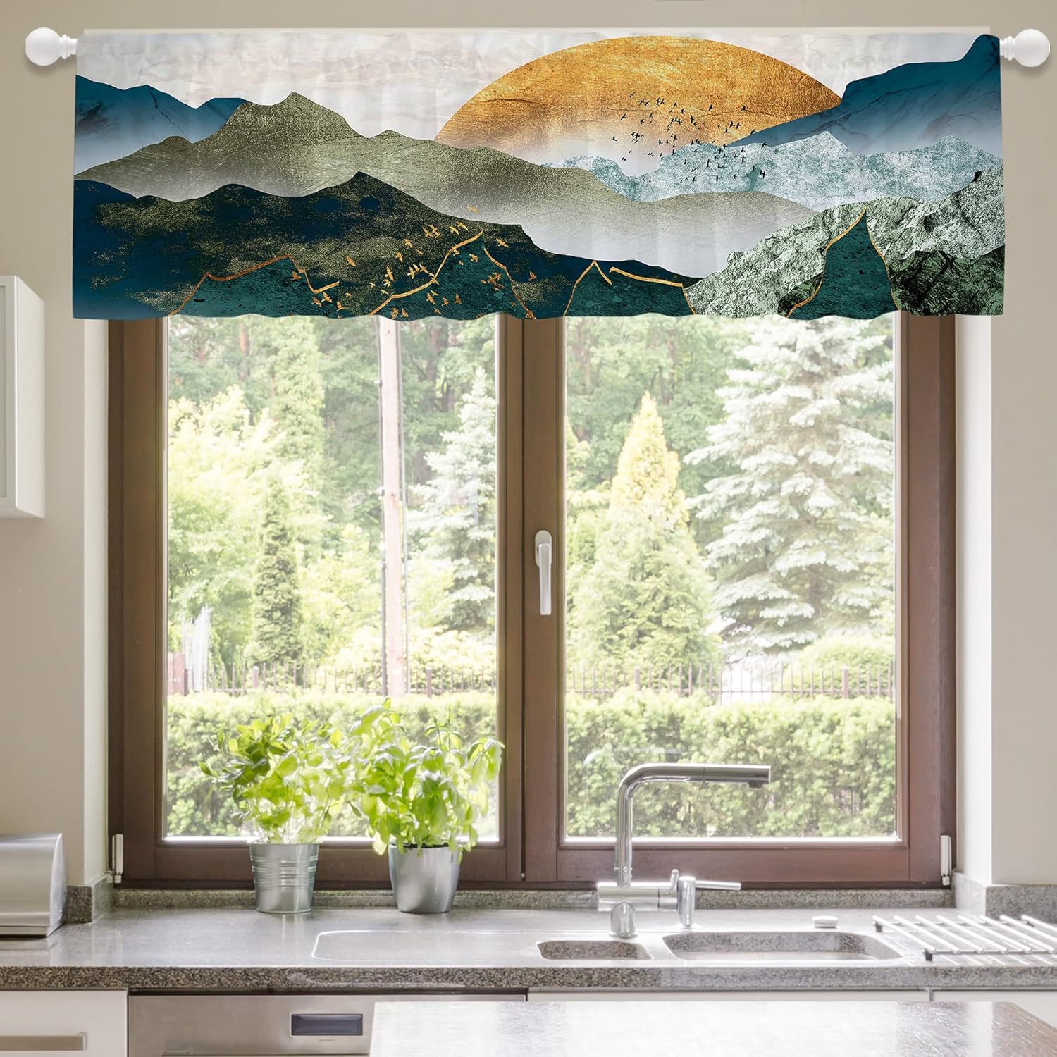 Yorida Cortina abstracta de cenefa de montaña para ventana, estilo bohemio, amanecer, puesta de sol, con bolsillo para barra, cortina de cocina