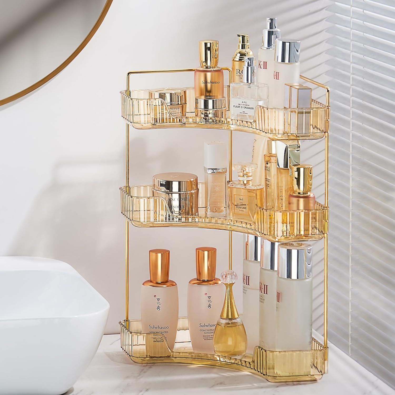 Organizador de maquillaje para esquina de baño, soporte organizador de maquillaje ámbar de 3 niveles, estante de perfume acrílico de gran capacidad,