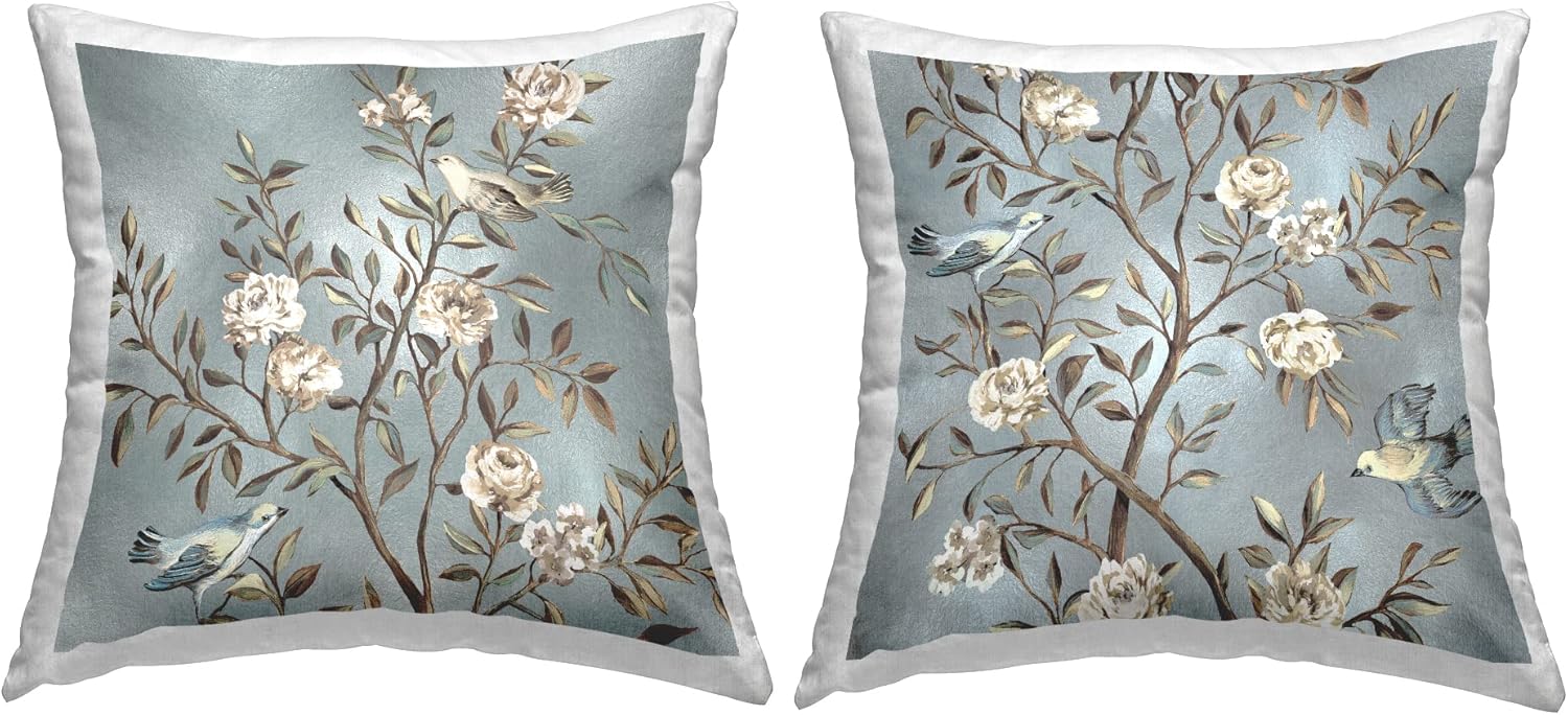 Stupell Industries Reneé Campbell – Juego de 2 almohadas con diseño de ramas florecientes con diseño de pájaros (18 x 18 pulgadas, color azul