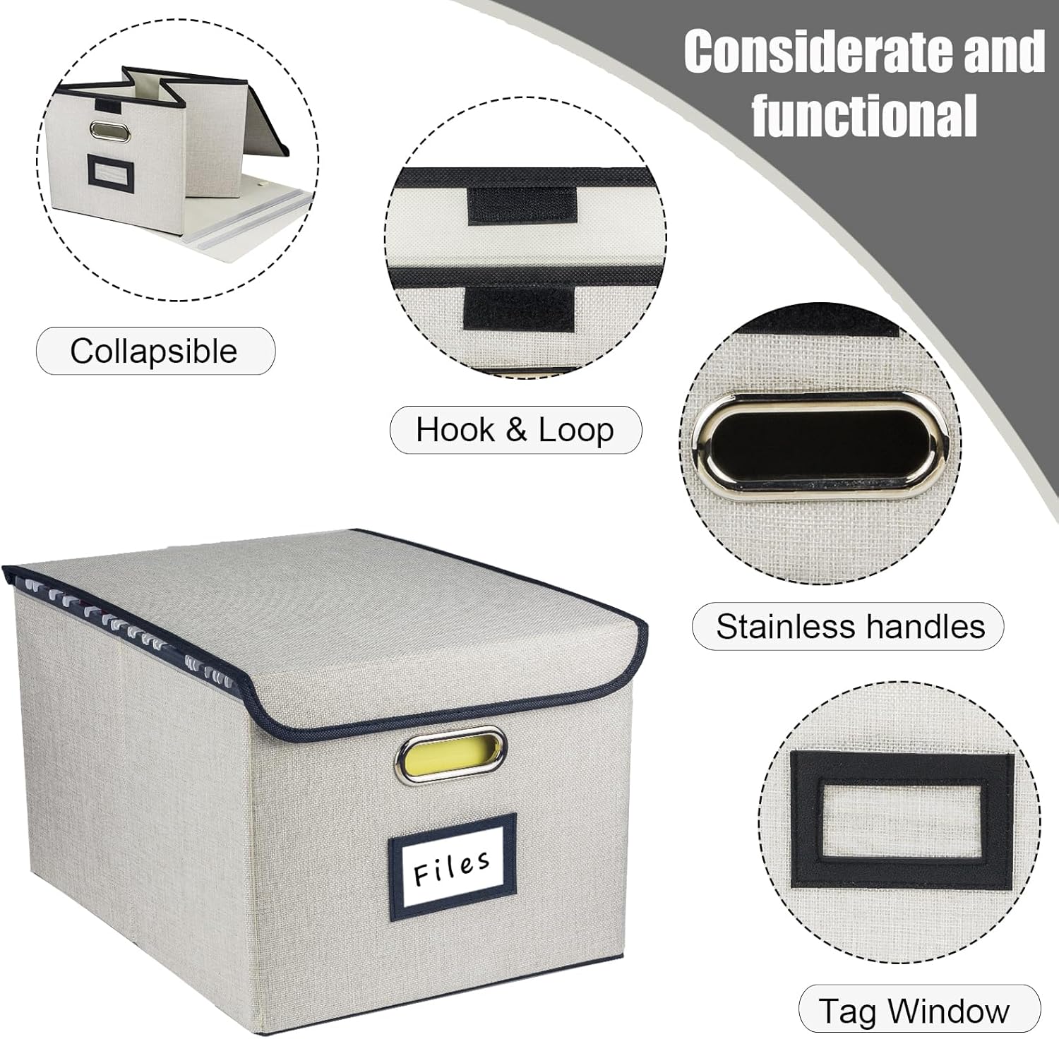 Caja organizadora de archivos plegable, cajas de almacenamiento para colgar archivos con tapa, caja de carpetas de archivos portátil de lino con