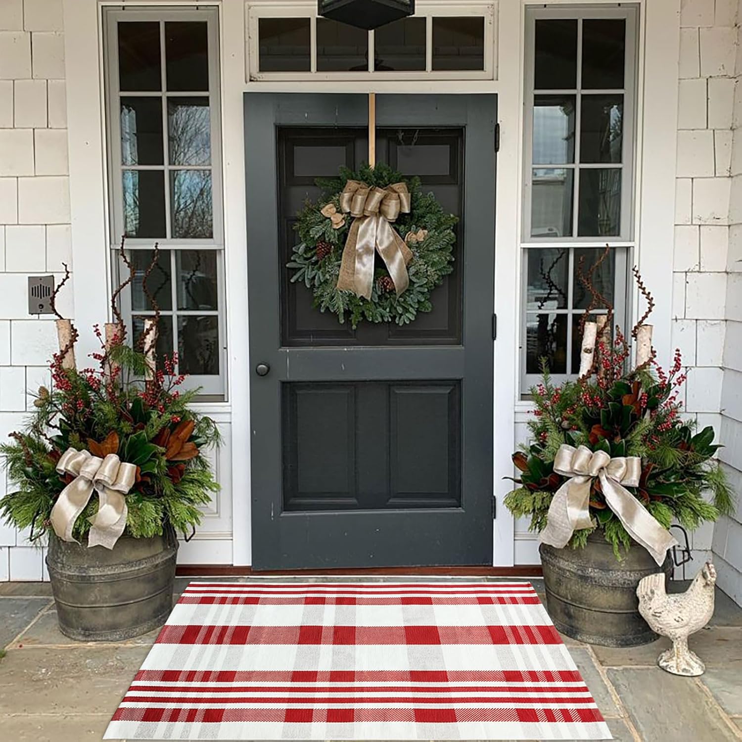 Alfombra de Navidad a cuadros para exteriores, 27.5 x 43 pulgadas, alfombra de área de cuadros rojos y blancos para interiores y exteriores,