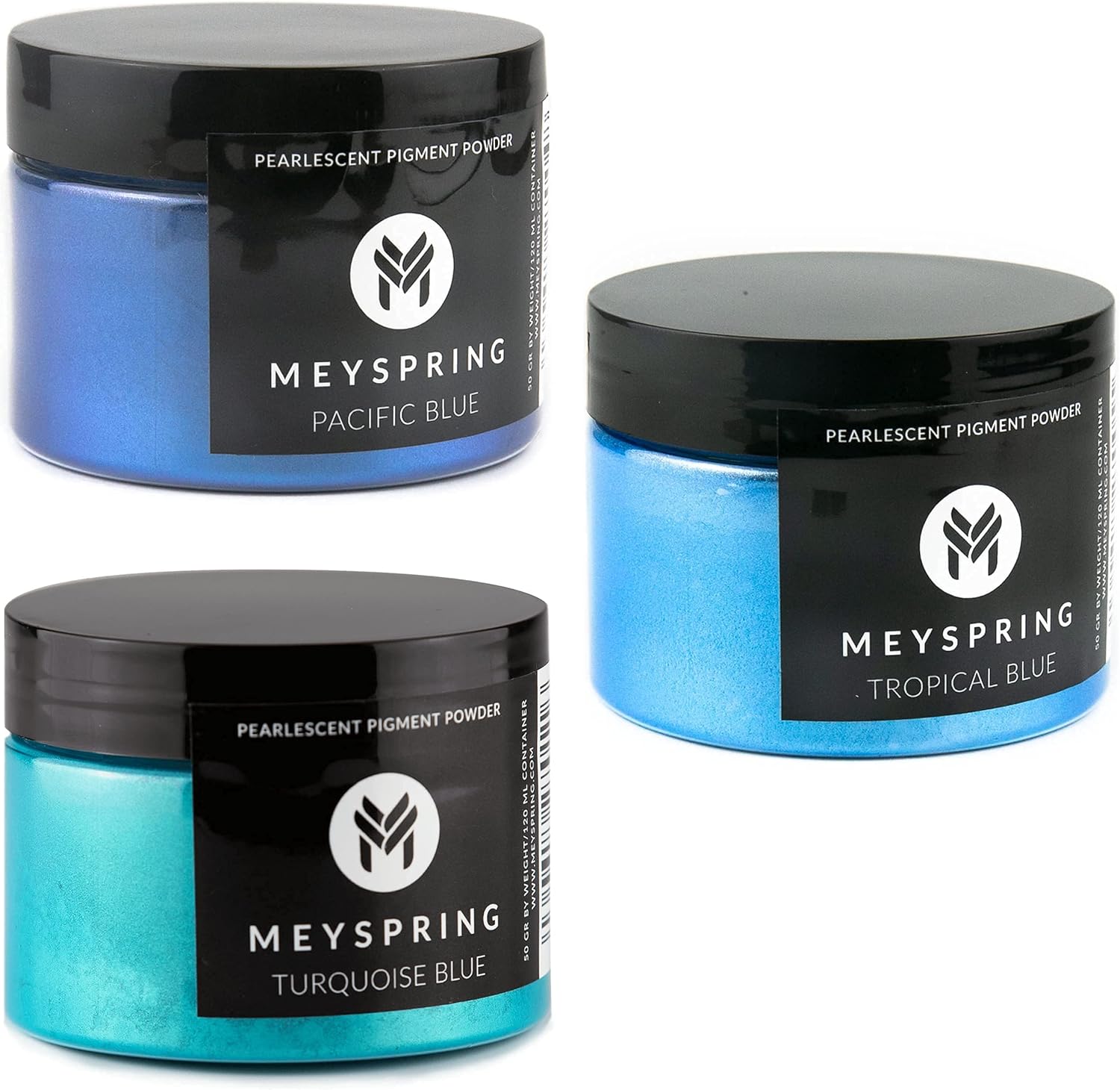 MEYSPRING Paquete de polvo de mica azul, incluye 3 tonos de azul, azul pacífico, azul tropical y azul turquesa, tintes y pigmentos de resina, polvo