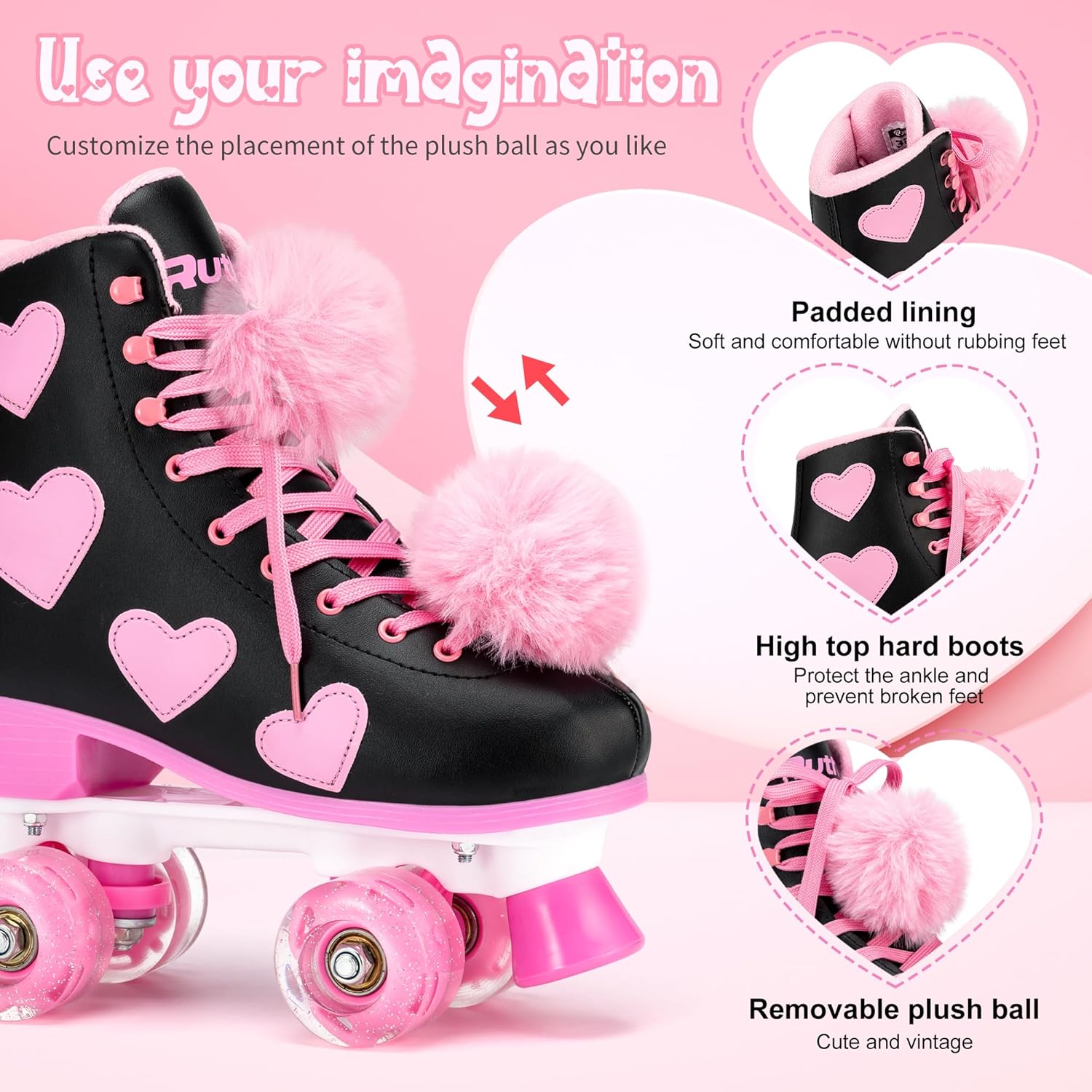 Ruthfot Patines clásicos para mujeres y niñas con ruedas iluminadas y patrón de corazón de amor, patines de piel sintética de alta calidad