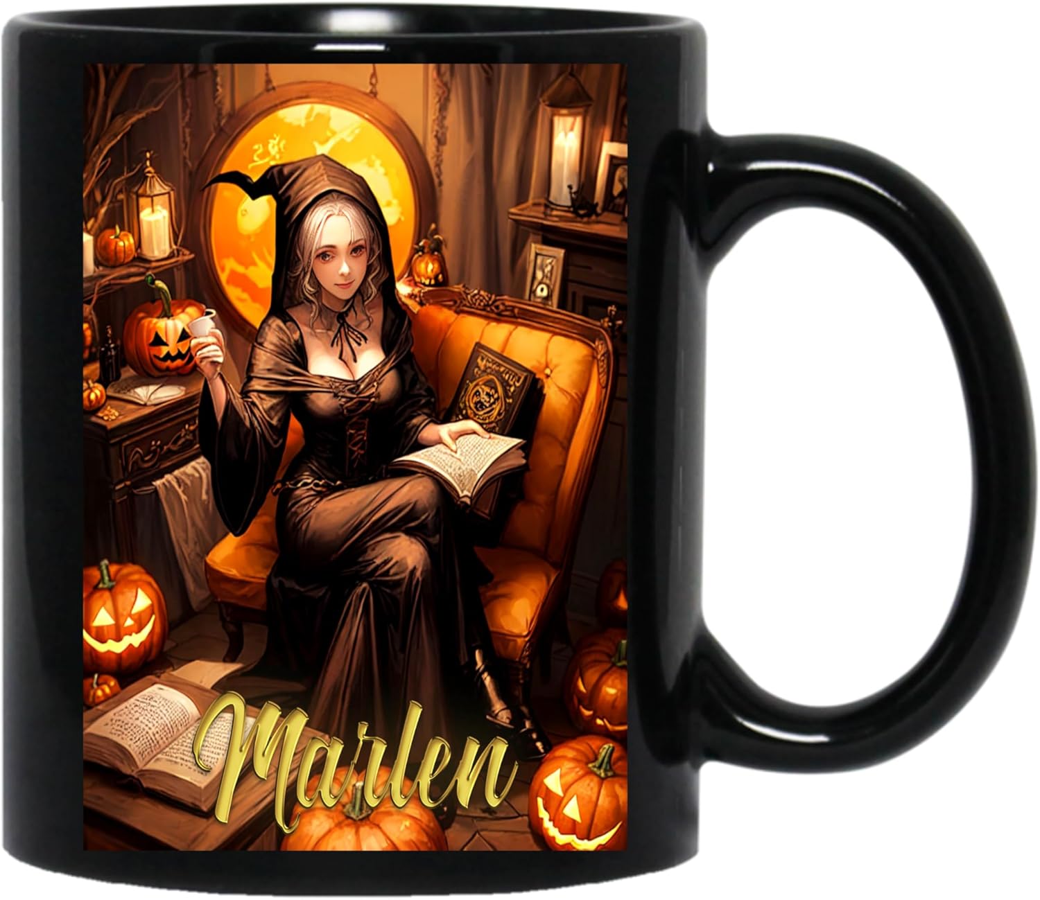 Personalized Beautiful Marlen Witch Custom Name Witch Mug, Personalized Halloween Cup, Witch Mug with Your Name or Text in Black Mug 11oz Black