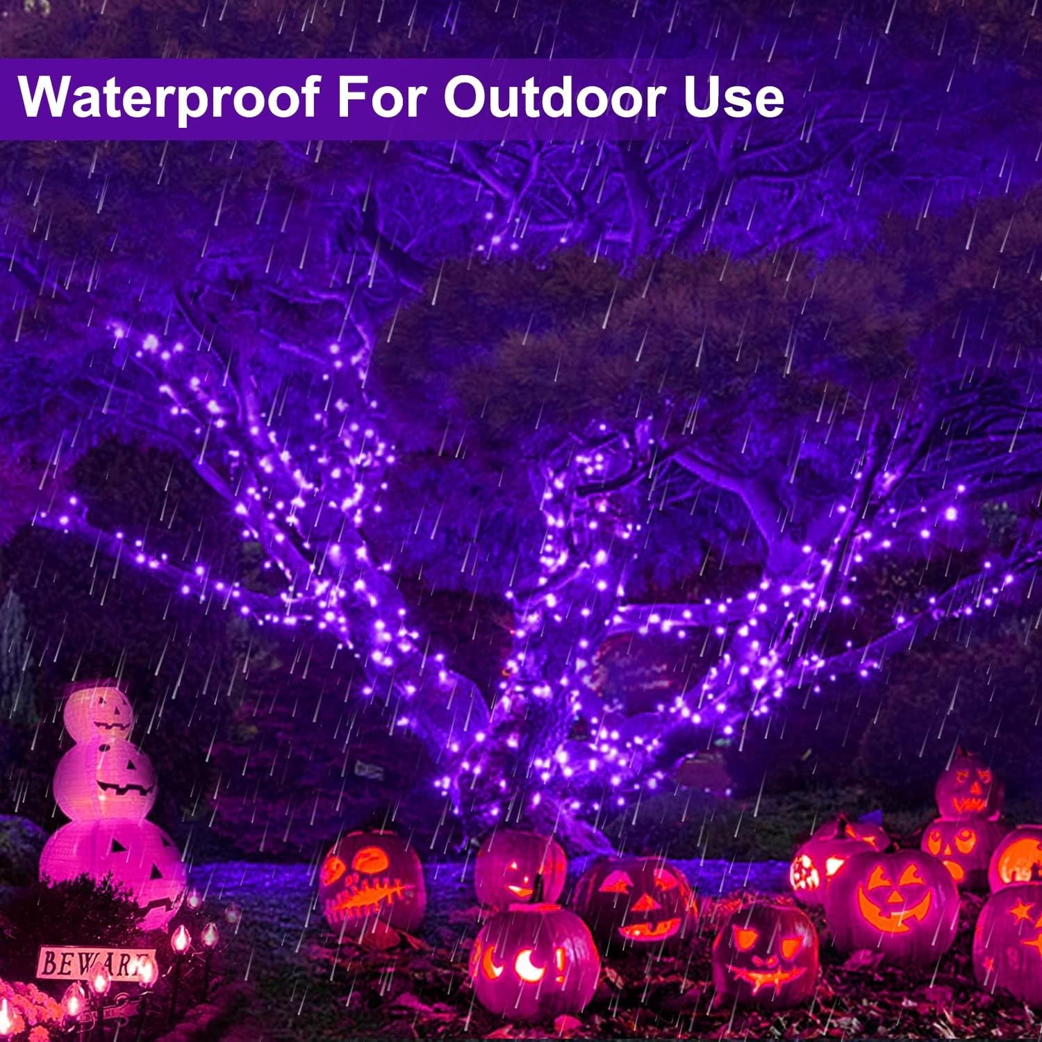 TURNMEON Tira de luces LED moradas de Halloween de 50 pies a 150 pies para exteriores, funciona con pilas, cable negro con impermeable,