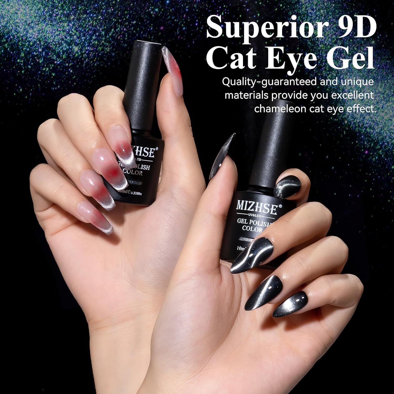 MIZHSE Esmalte de uñas de gel 9D de ojo de gato, esmalte de gel magnético plateado con barra magnética, efecto galaxia mágico, brillo holográfico,