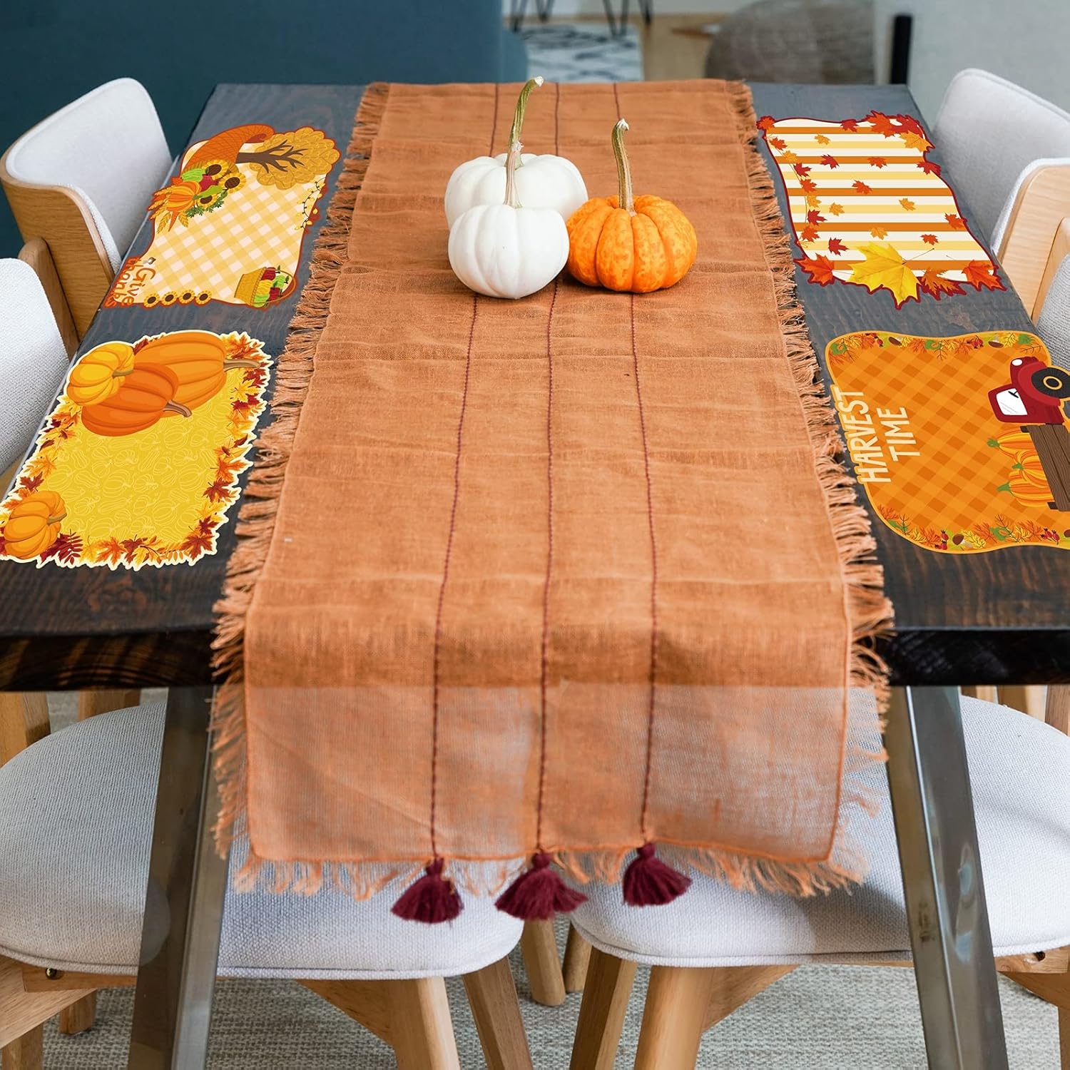 MCEAST Juego de 6 manteles individuales de plástico de Acción de Gracias para comedor, diseño de hojas de arce, calabaza, duende y pavo, para