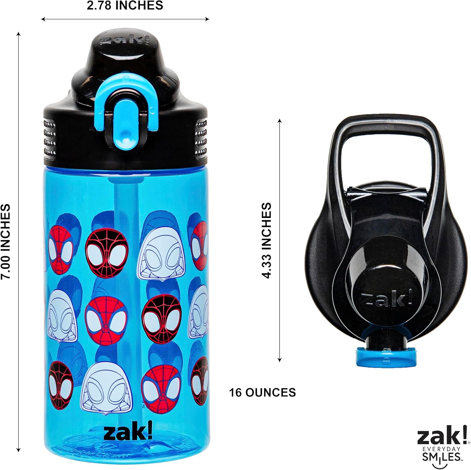Zak Designs Sage Spider-Man Marvel Botella de agua para niños, escuela o viajes, plástico duradero, 16onzas, con popote, asa, tapa, boquilla