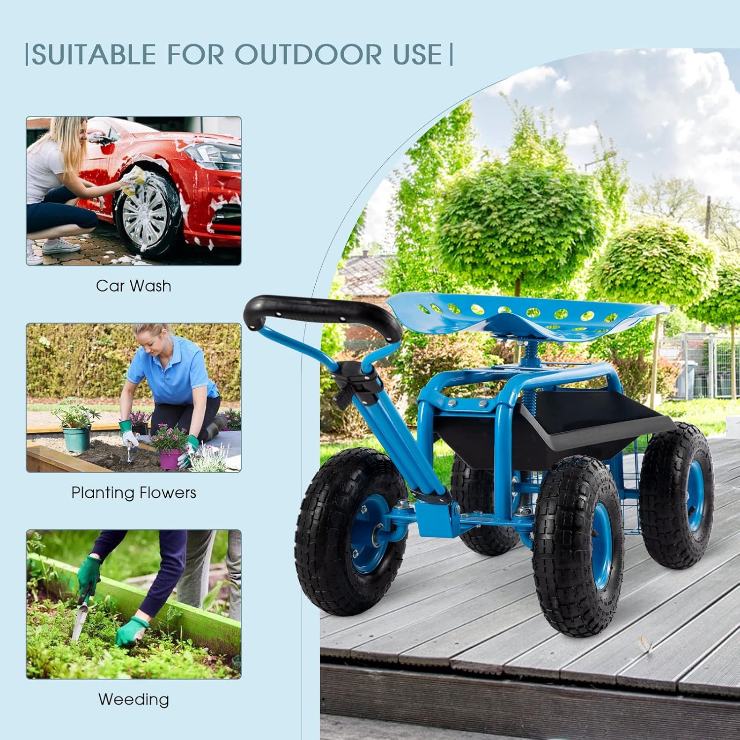 Carrito de herramientas de jardín con asiento resistente con asa y almacenamiento para personas mayores, carrito de jardín con ruedas, azul