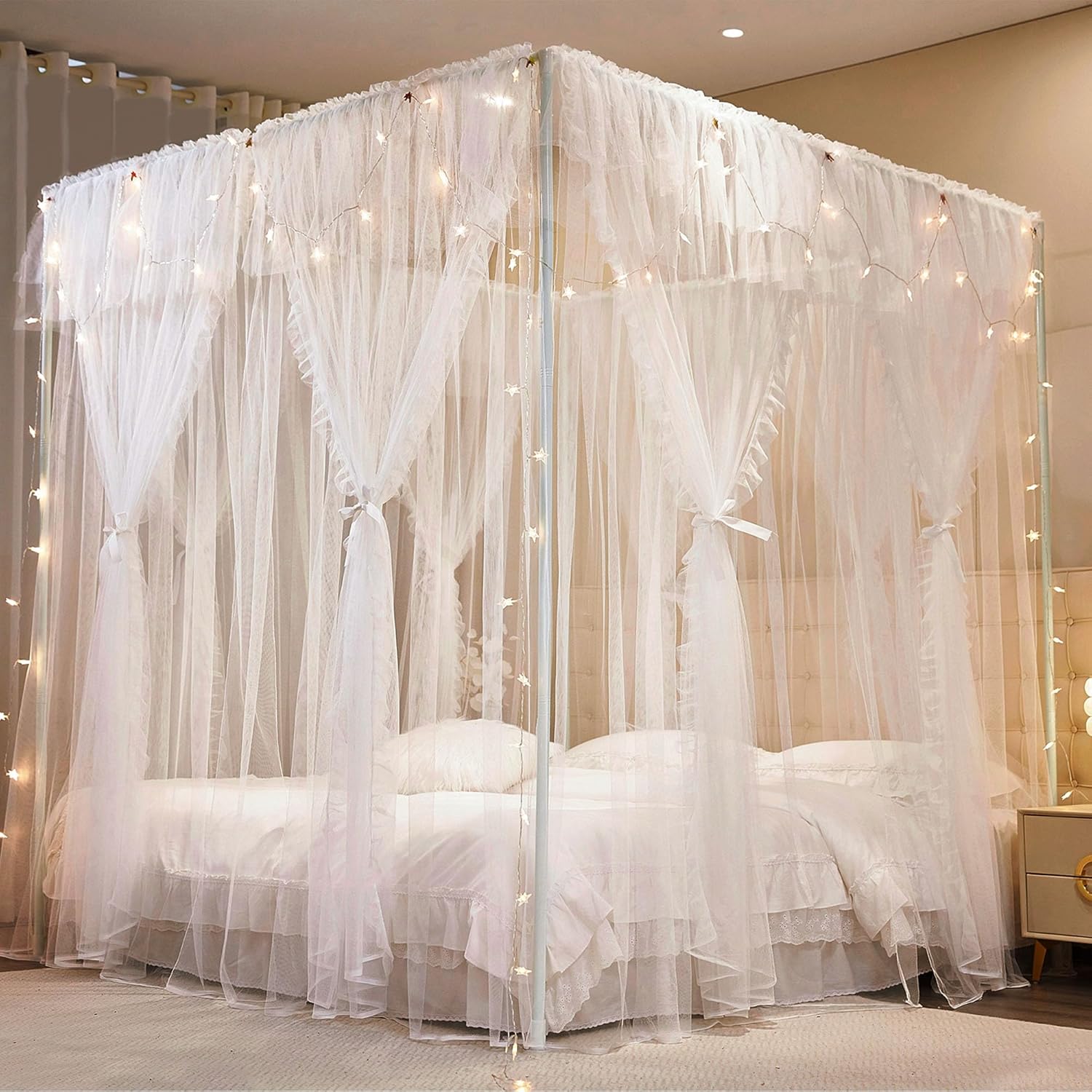 AIOOO Cortinas de princesa de 4 esquinas para niñas, 8 paneles, cortinas de malla transparente de doble capa, decoración de habitación de niñas