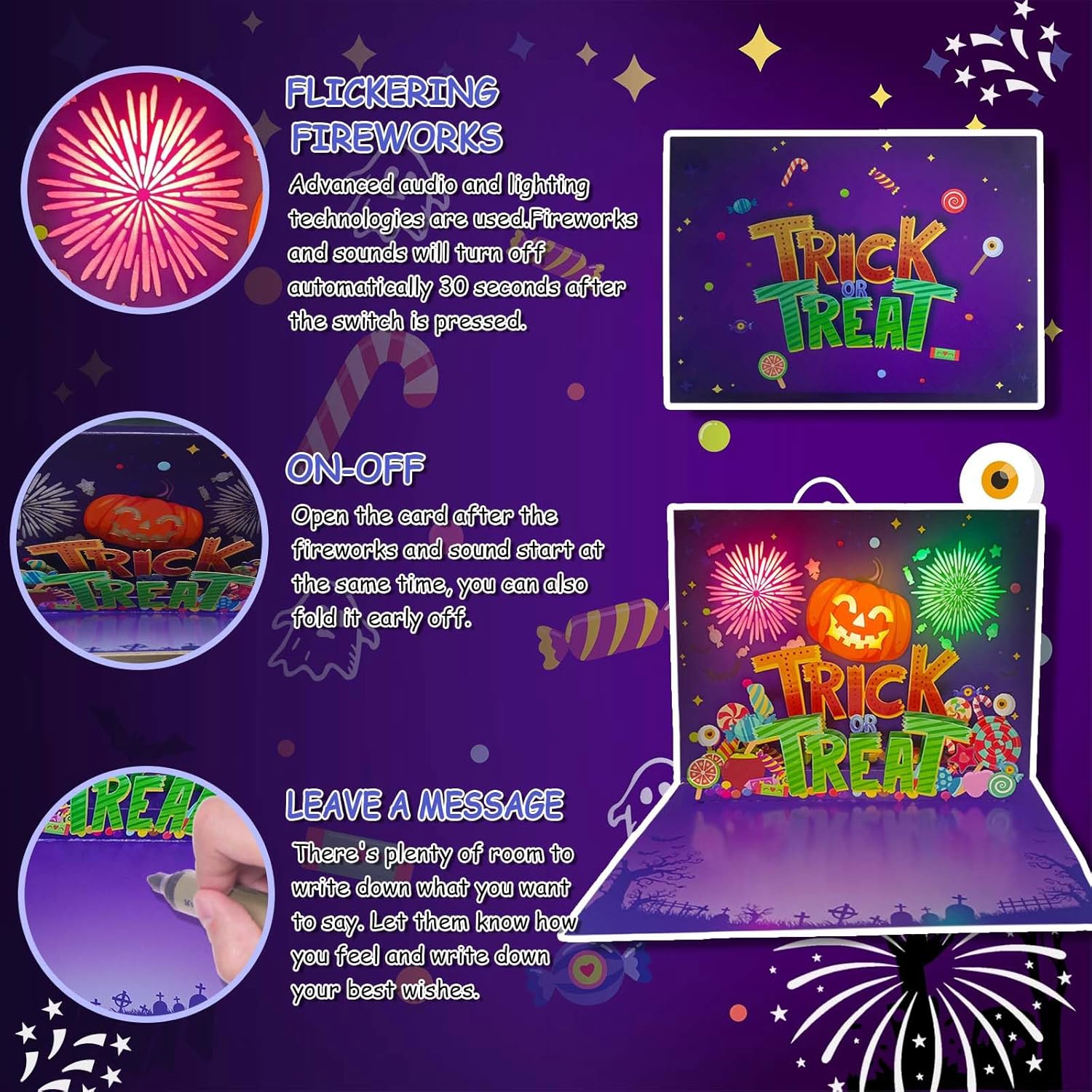 Tarjeta de Halloween de calabaza desplegable 3D con luz y música, para niños, amigos, novio, novia, marido, él, mujeres, cráneo, fantasma, sobre