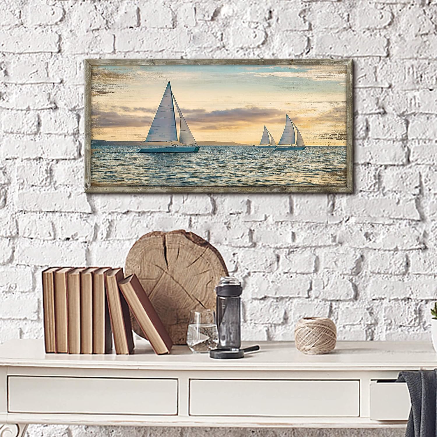 Arte de pared de madera enmarcada en la costa pintura del océano, barcos de vela, decoración de puesta de sol, paisaje marino, impresiones para