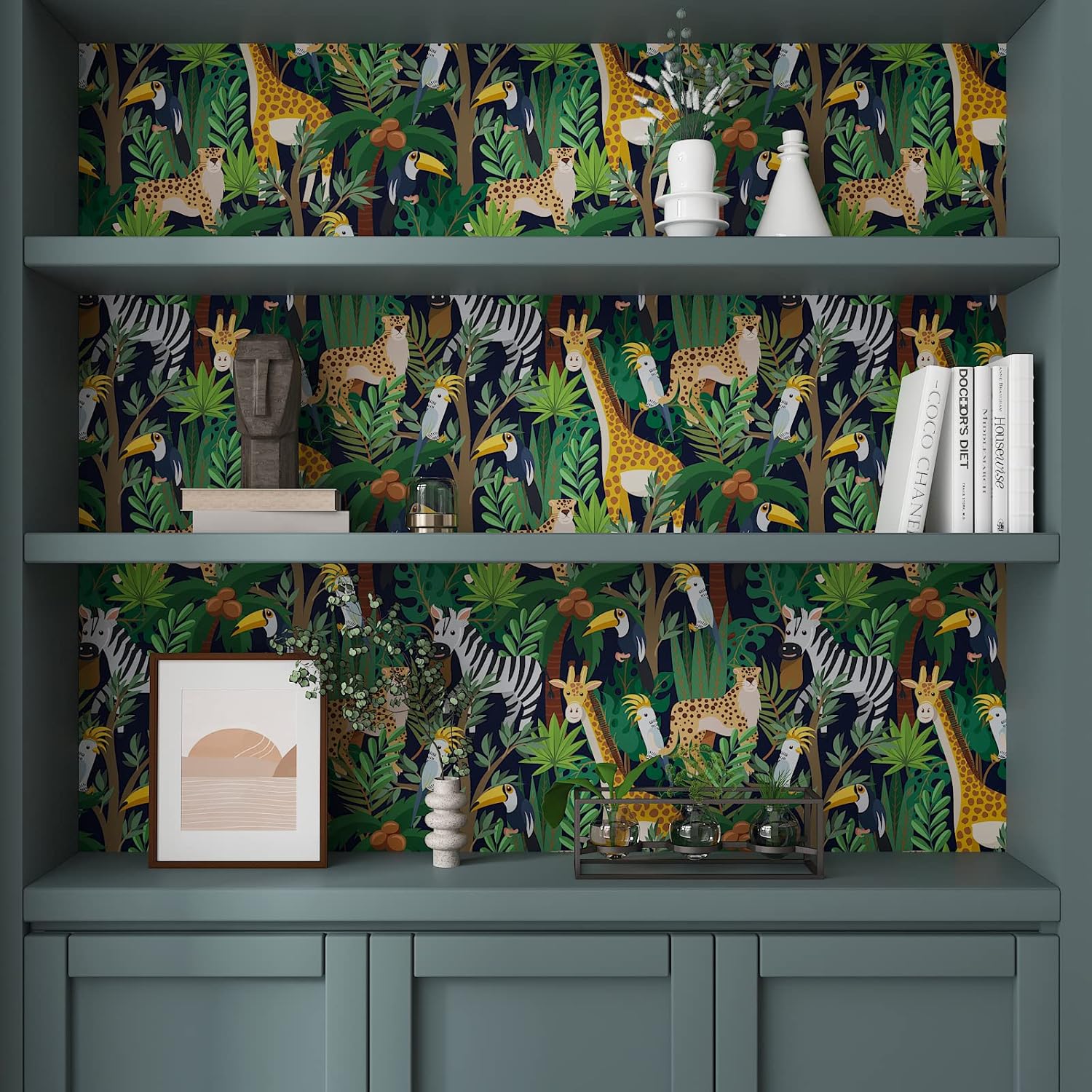Papel tapiz de 17.7 x 236 pulgadas con estampado de animales, papel de contacto para niños, hojas de palmera verde, papel de contacto para