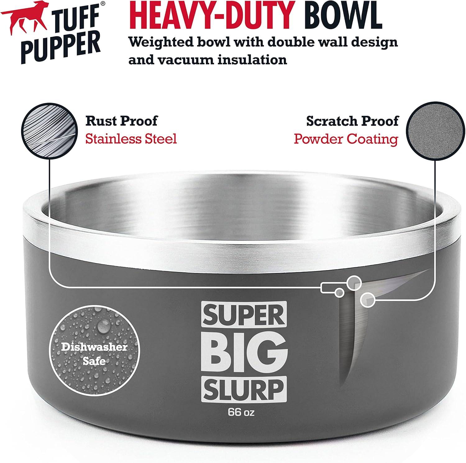 Tuff Pupper Tazón aislado resistente para perros, plato de comida de acero inoxidable de doble pared, antideslizante, a prueba de derrames, apto