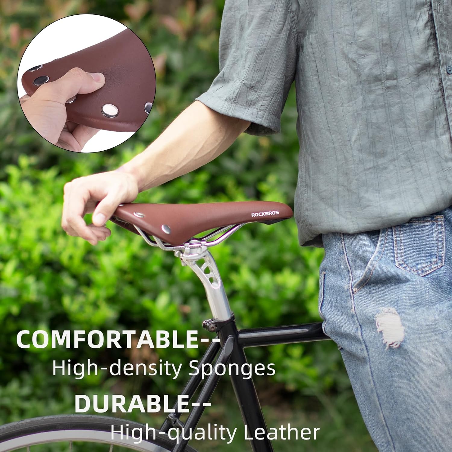 ROCKBROS Asiento de bicicleta, asiento de bicicleta de cuero vintage, asiento de bicicleta impermeable, cómodo asiento de bicicleta para hombres y