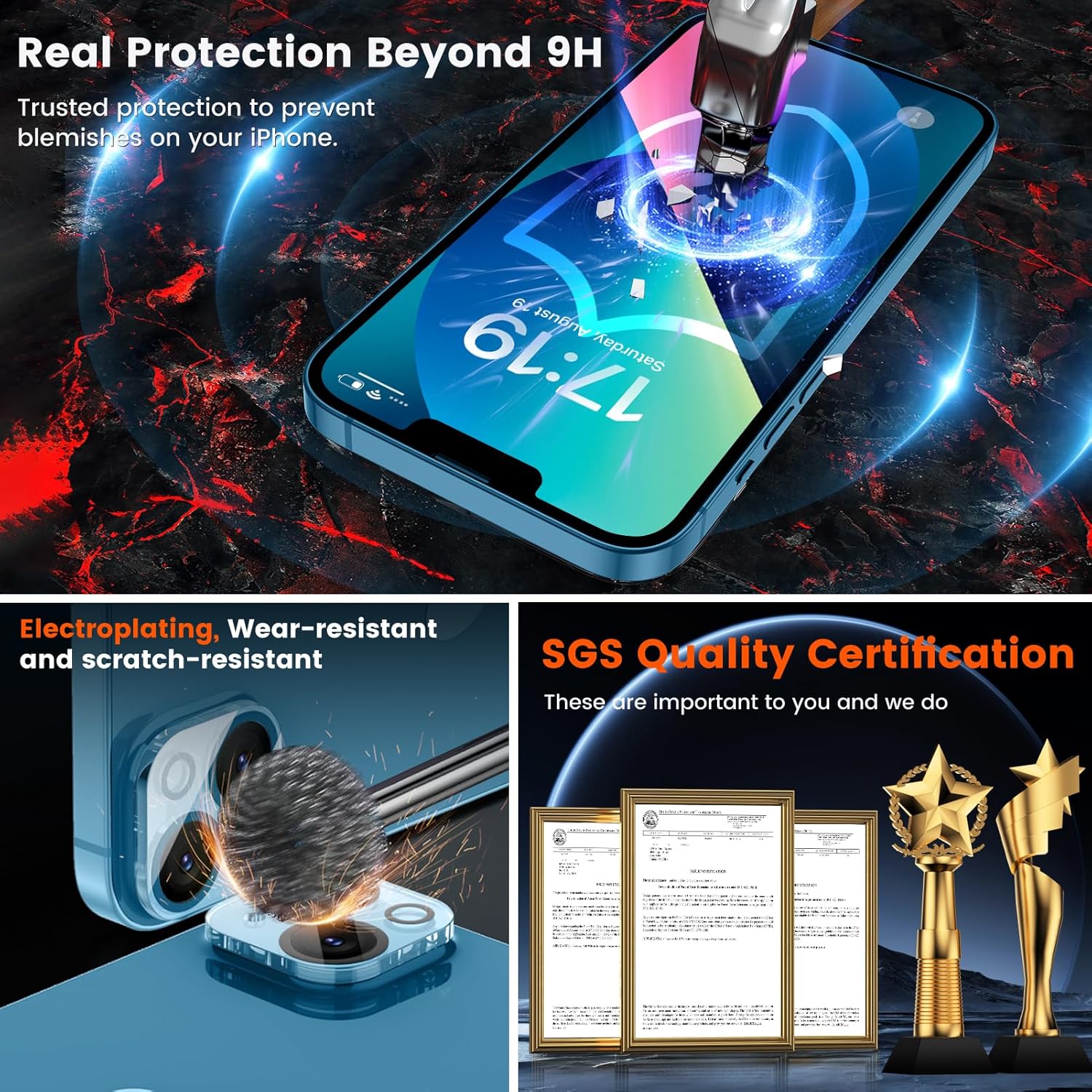 Paquete de 4 protectores de pantalla para iPhone 13 6.1 pulgadas con 2 protectores de lente de cámara, protección contra caídas película de vidrio