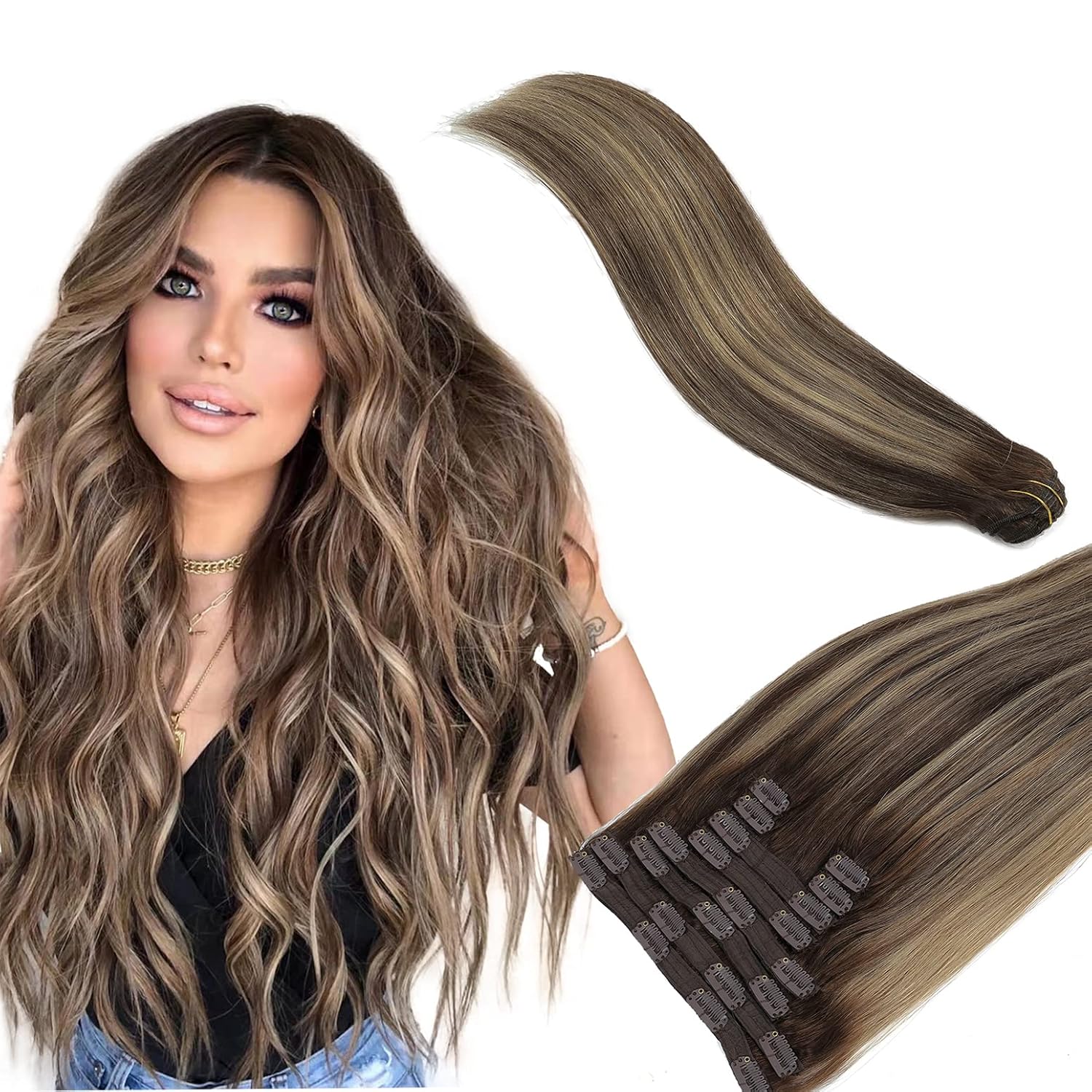 Extensiones de cabello humano real con pinzas, balayage, color marrón chocolate a rubio sucio, mezcla de marrón, 14 pulgadas, 3.53 oz, 10 unidades