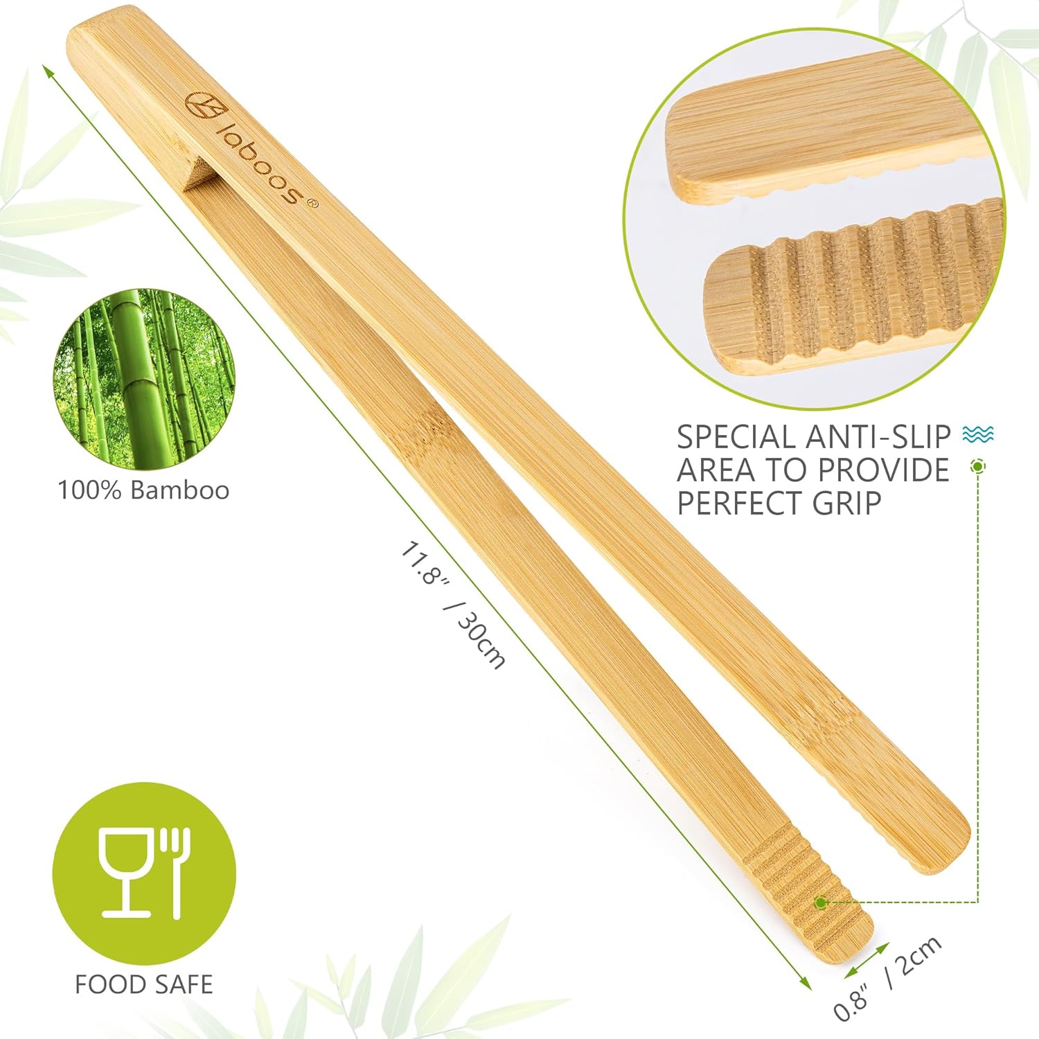 Pinzas largas de madera para ensalada (11.8 pulgadas), pinzas de bambú natural, pinzas para servir, pinzas para tostadora, agarre mejorado para