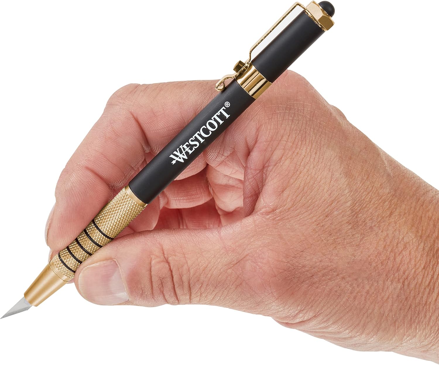 Westcott 17314 Cuchillo retráctil estilo bolígrafo CarboTitanium Bonded, color dorado