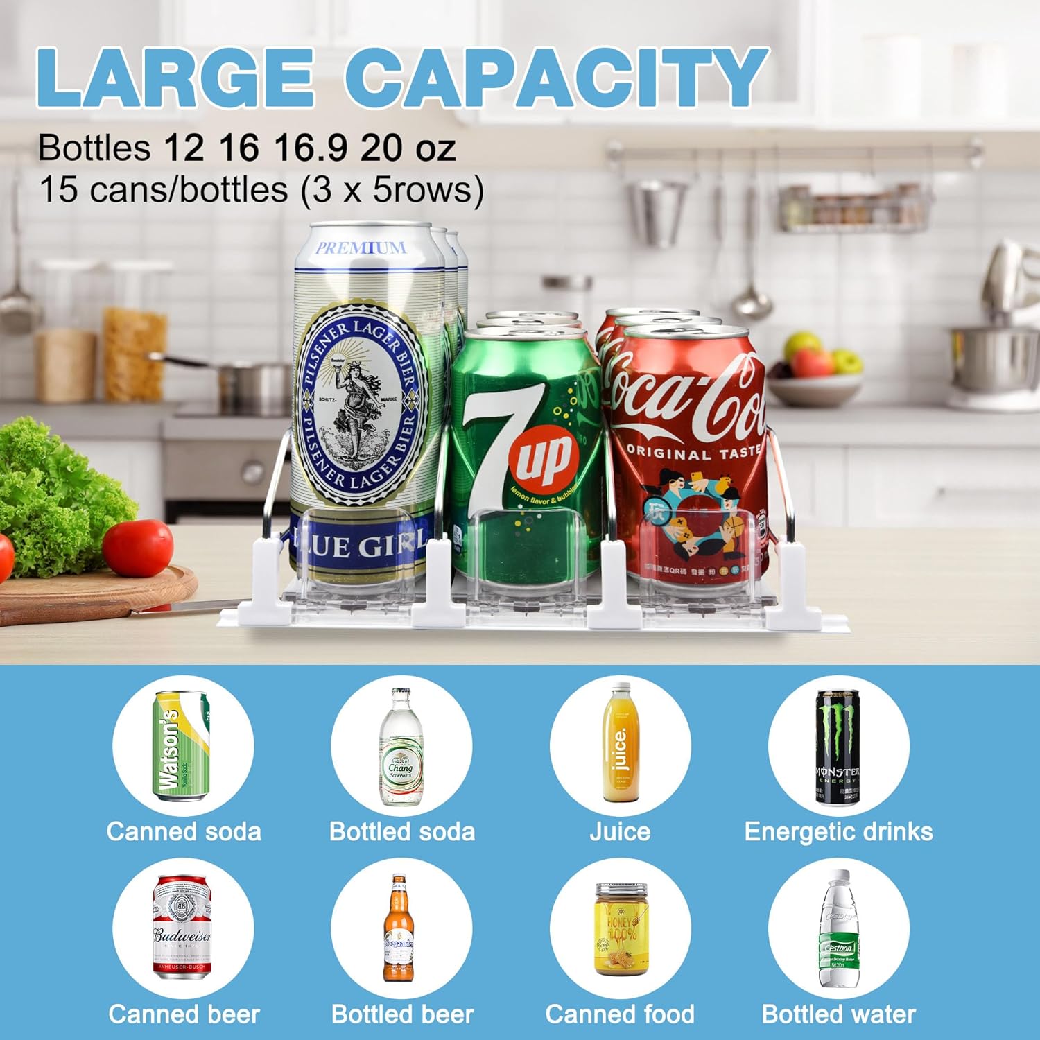 Dispensador de latas de soda para refrigerador, estante deslizante de ancho ajustable, organizador de bebidas para refrigerador, gran capacidad de