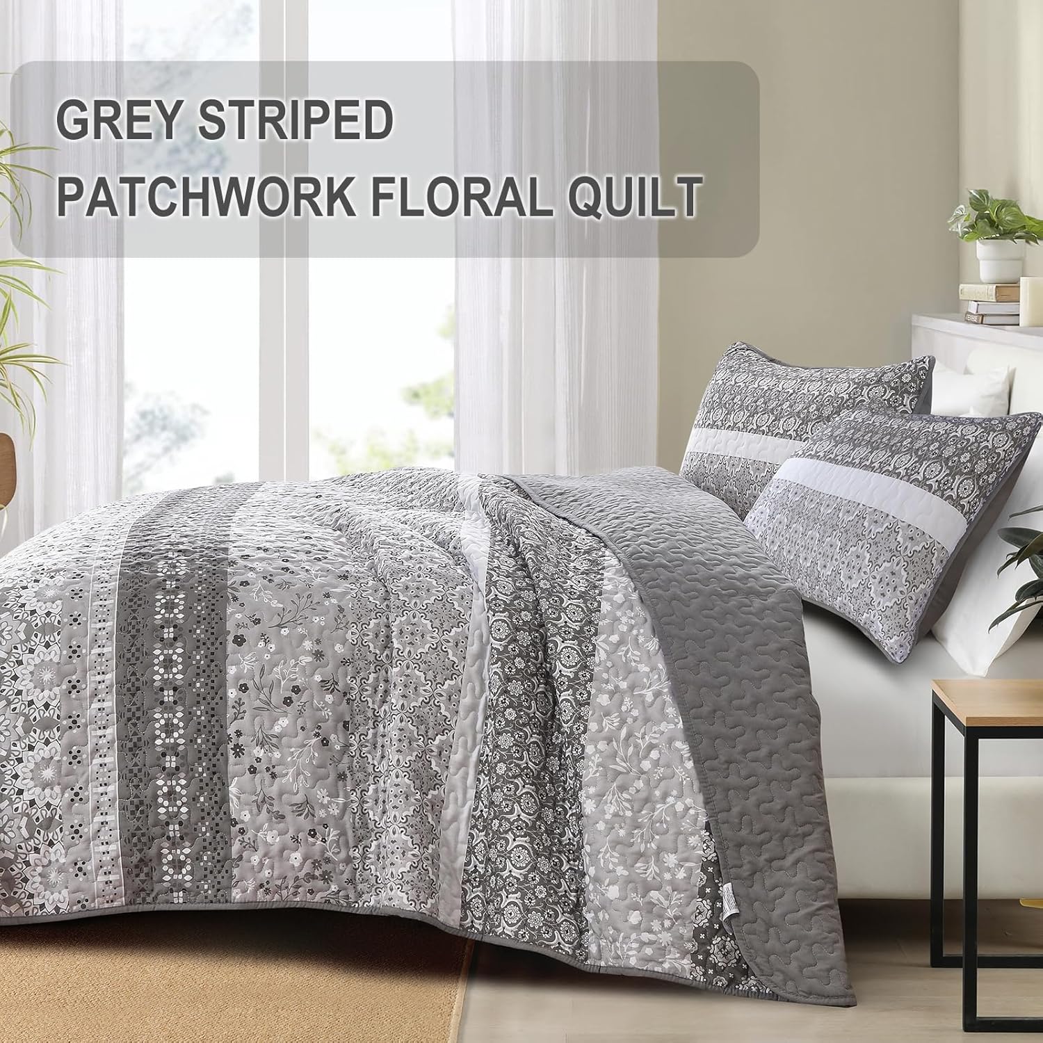 WONGS BEDDING Juego de edredón bohemio gris, tamaño Queen, juego de colcha de verano con 2 fundas de almohada, juego de ropa de cama bohemia de