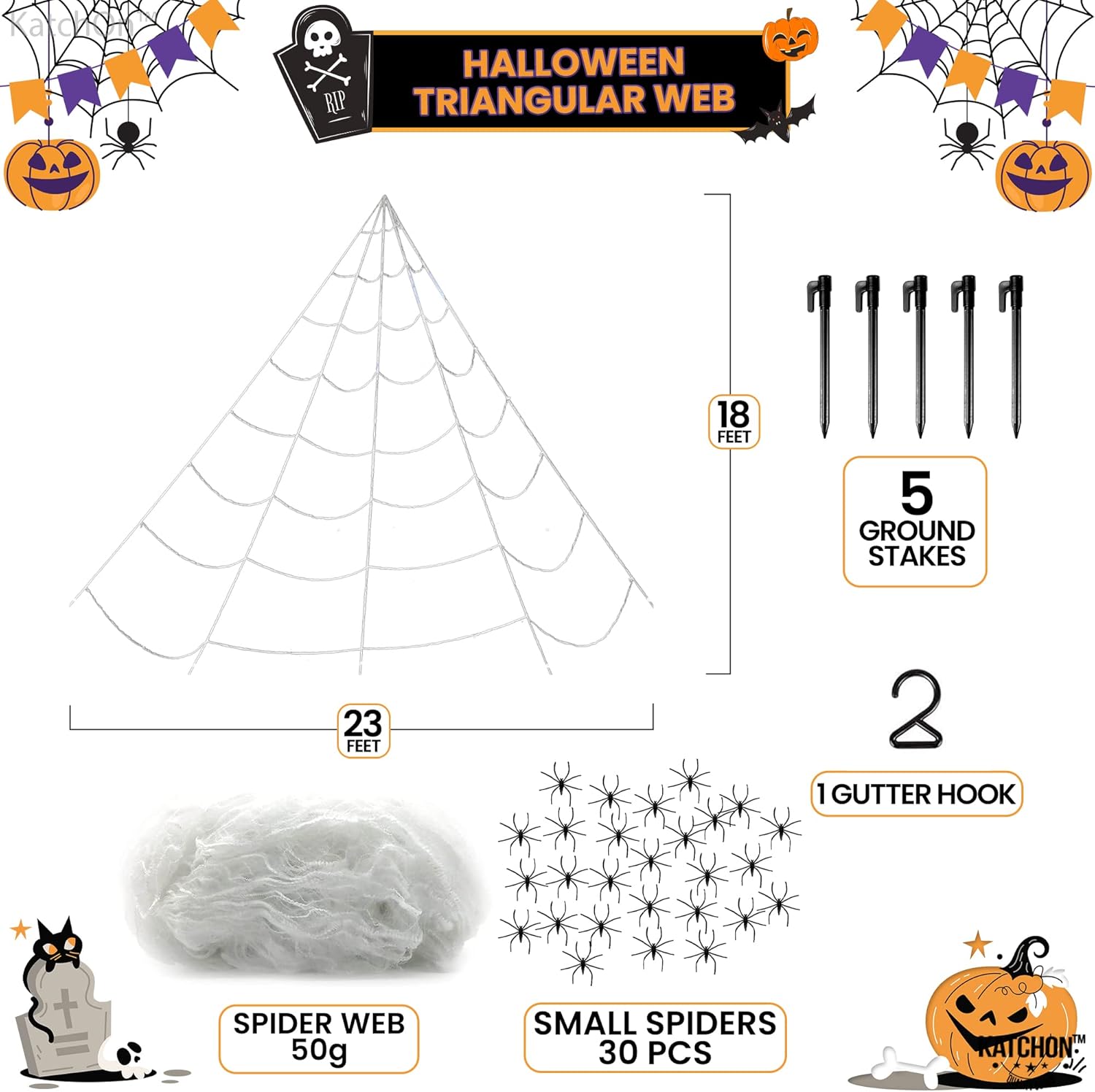 Katchon, Decoraciones de Halloween de araña gigante, paquete de 2, telaraña triangular de Halloween para exteriores, cuerda de telaraña, decoración
