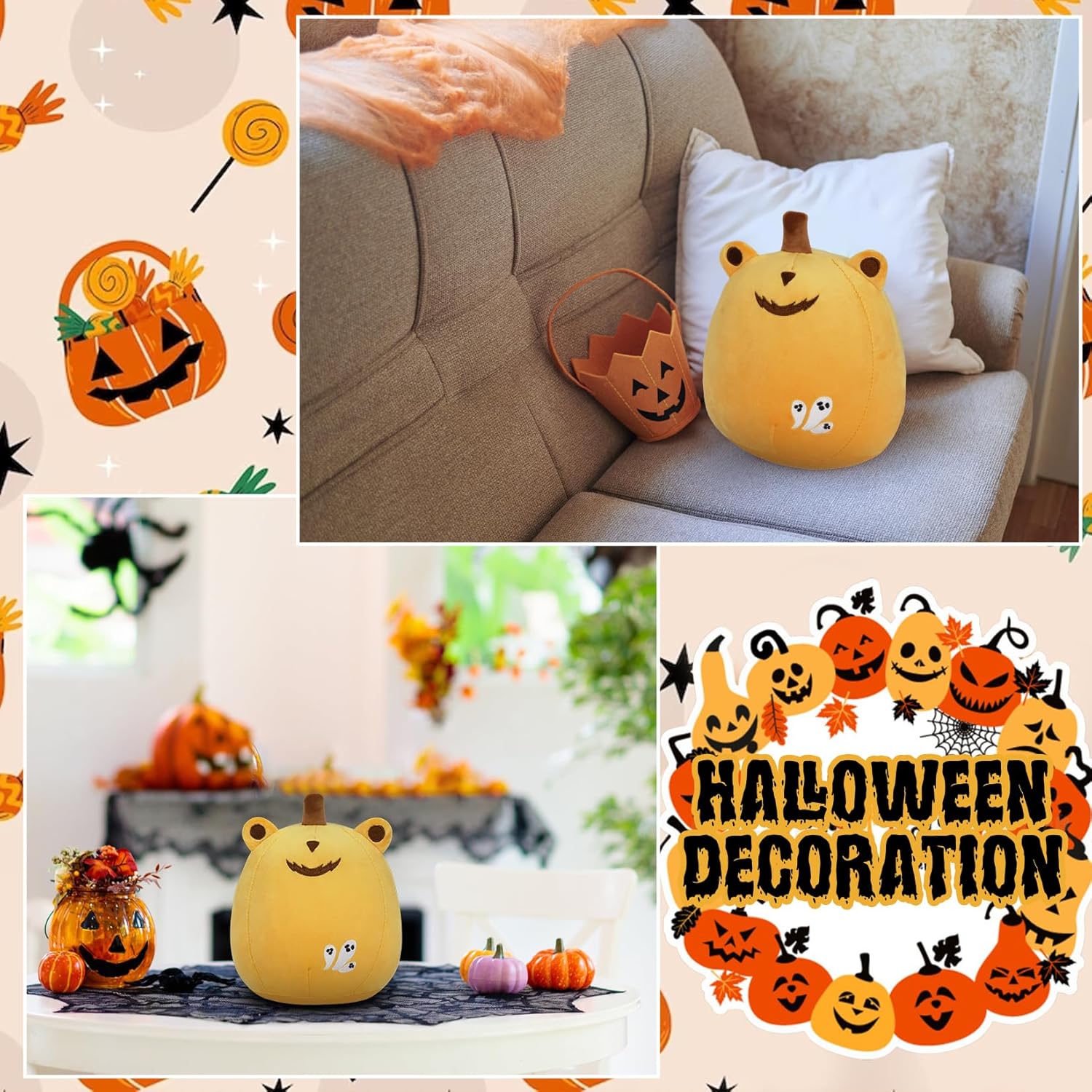 Leokawin Animales de peluche de Halloween, peluche de rana de calabaza de 8 pulgadas, juguetes de peluche Kawaii de rana calabaza para decoración de