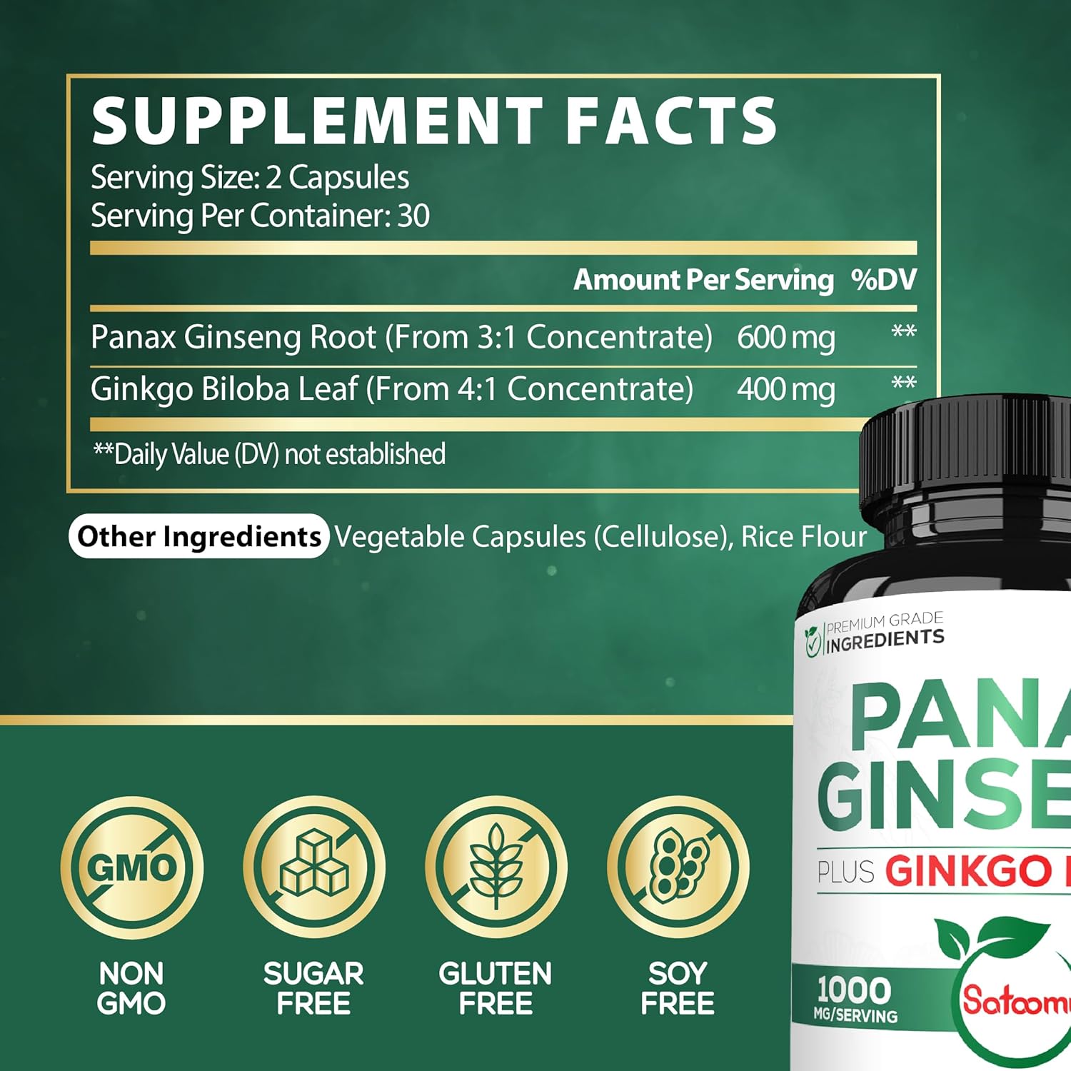 Suplemento de 1000 mg de Panax Ginseng y Ginkgo Biloba rojo coreano, 60 cápsulas veganas, sin gluten, sin OMG, producción de energía, salud