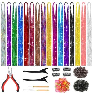 Kit de oropel para el cabello (48 pulgadas, 16 colores, 4800 hebras, 1 alicate, 2 pinzas para el cabello, 1 trío, 200 cuentas de anillo de Kit de oropel para el cabello (48 pulgadas, 16 colores, 4800 hebras, 1 alicate, 2 pinzas para el cabello, 1 trío, 200 cuentas de anillo de