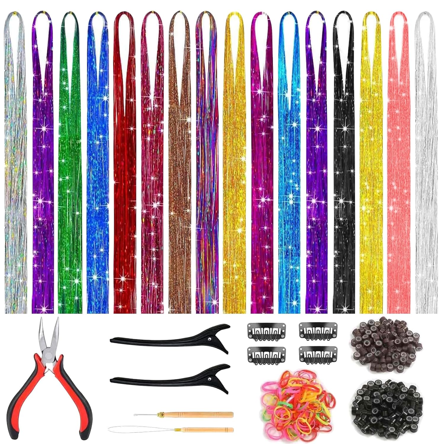 Kit de oropel para el cabello (48 pulgadas, 16 colores, 4800 hebras, 1 alicate, 2 pinzas para el cabello, 1 trío, 200 cuentas de anillo de
