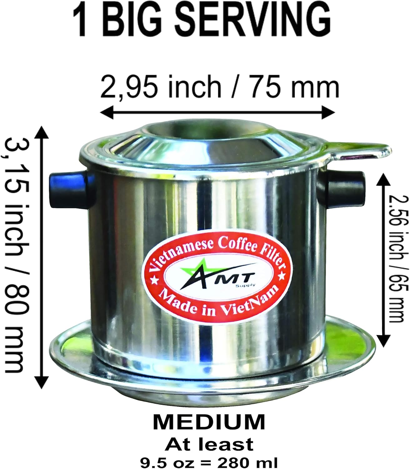 AMT Filtro de café vietnamita de 9.5 onzas, 2-3 porciones Phin, gotero de café vietnamita con rosca para estilo vietnamita en la oficina en casa