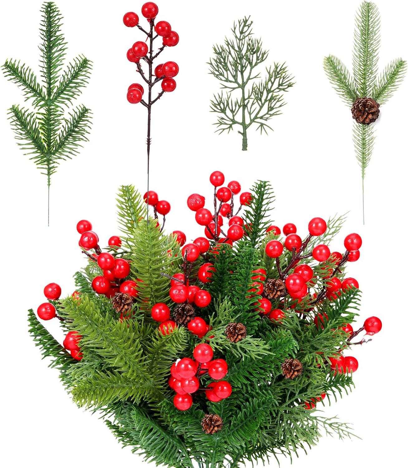 Ceenna 160 agujas de pino artificiales de Navidad, ramas, conos de pino verde y tallos de bayas rojas artificiales, a granel, ramas de árbol falsas