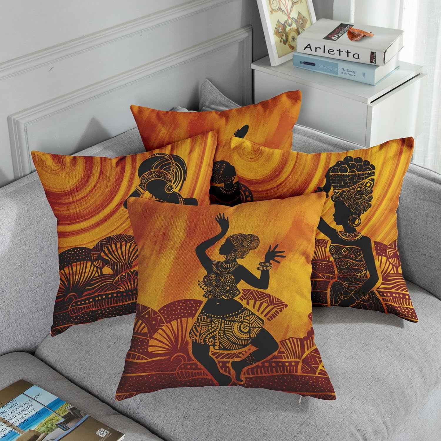 Sanwarm Juego de 4 fundas de almohada decorativas para decoración del hogar, para mujeres africanas, musicales, de 18 x 18 pulgadas, para
