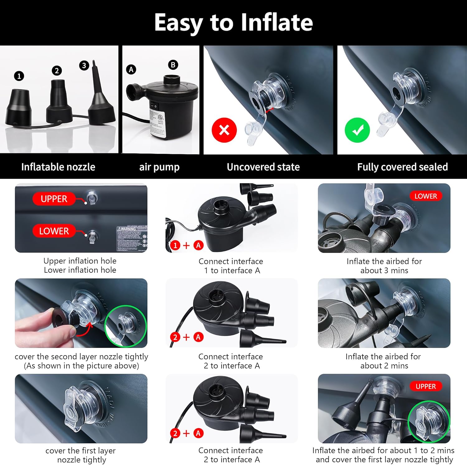 Cirtek Colchón inflable Queen de 18 pulgadas para campamento, viajes, dormir, colchón inflable de tamaño portátil con bomba eléctrica, cama de aire