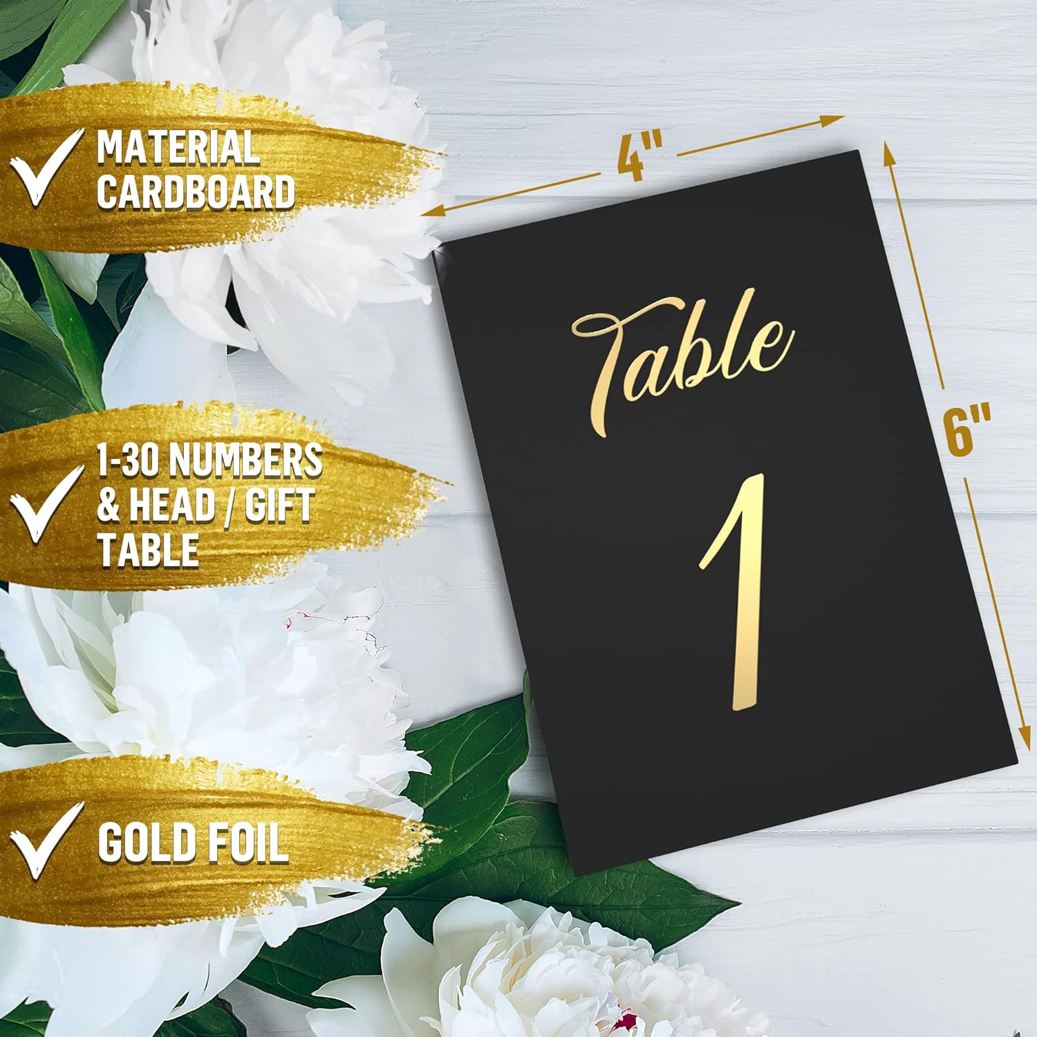 Números de mesa negros y dorados del 1 al 30 para recepción de boda, tarjetas de 4 x 6 con cabeza de lámina dorada y mesa de regalo, elegantes