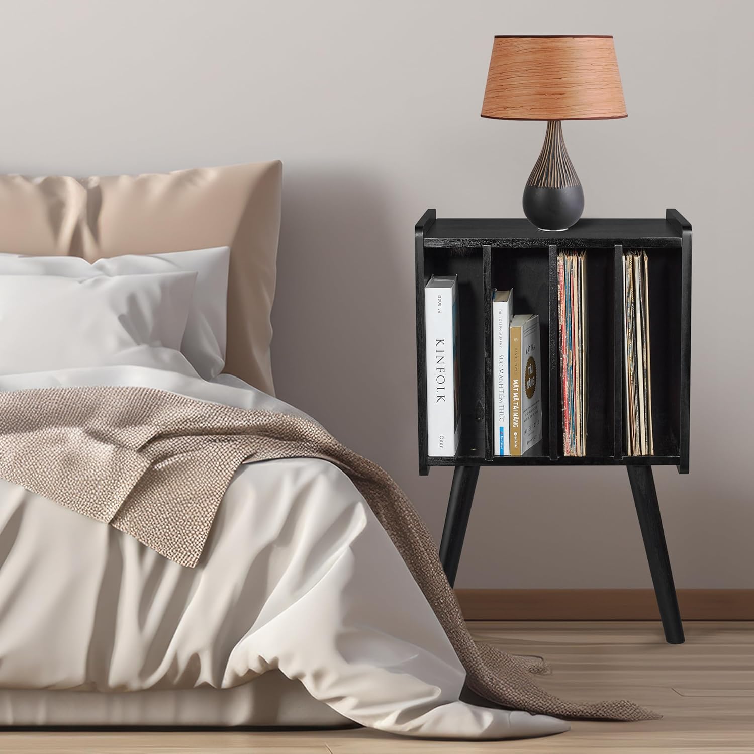 2BHOME Soporte de madera para tocadiscos, con capacidad para 100 LPs, soporte organizador de discos de vinilo de acacia natural con diseño moderno