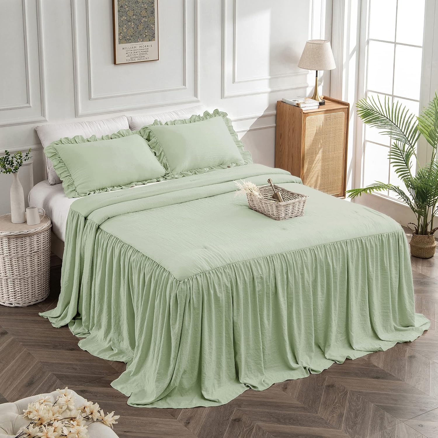 Bonlino Juego de colcha para cama King  Colcha de granja Colcha Chic Vintage Ropa de cama falda con volantes Colcha Colcha Dormitorio rústico ligero