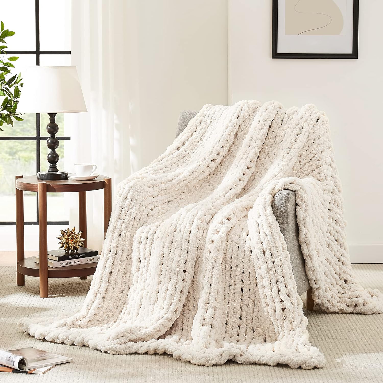 L’AGRATY Manta de punto grueso, manta de hilo de felpilla suave de 40 x 50 pulgadas, hecha a mano con punto trenzado grueso, manta grande de hilo