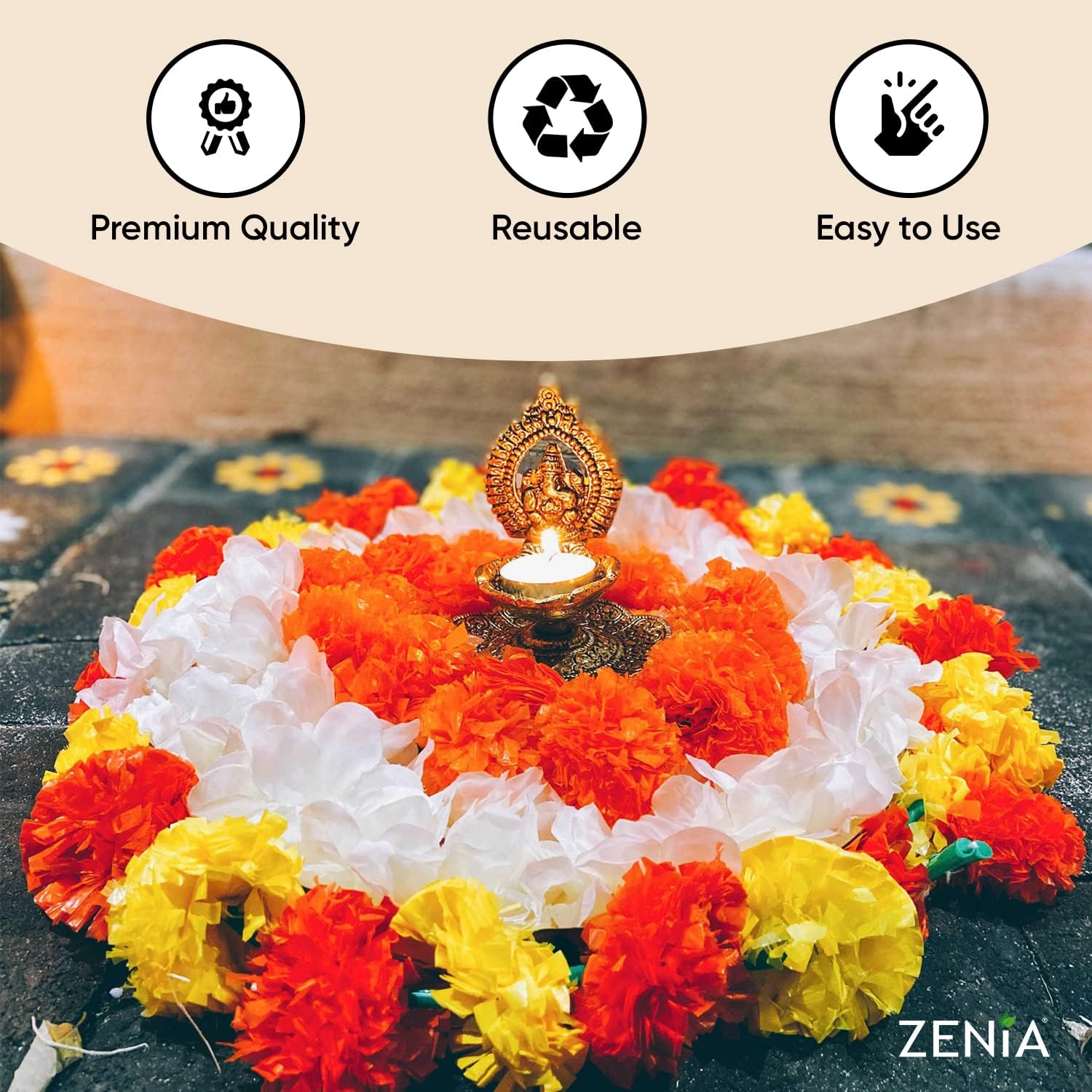 Zenia Creations – Guirnalda de caléndula para decoración, hebras de 4.5 pies de largo (paquete de 5), flores artificiales para decoración india,